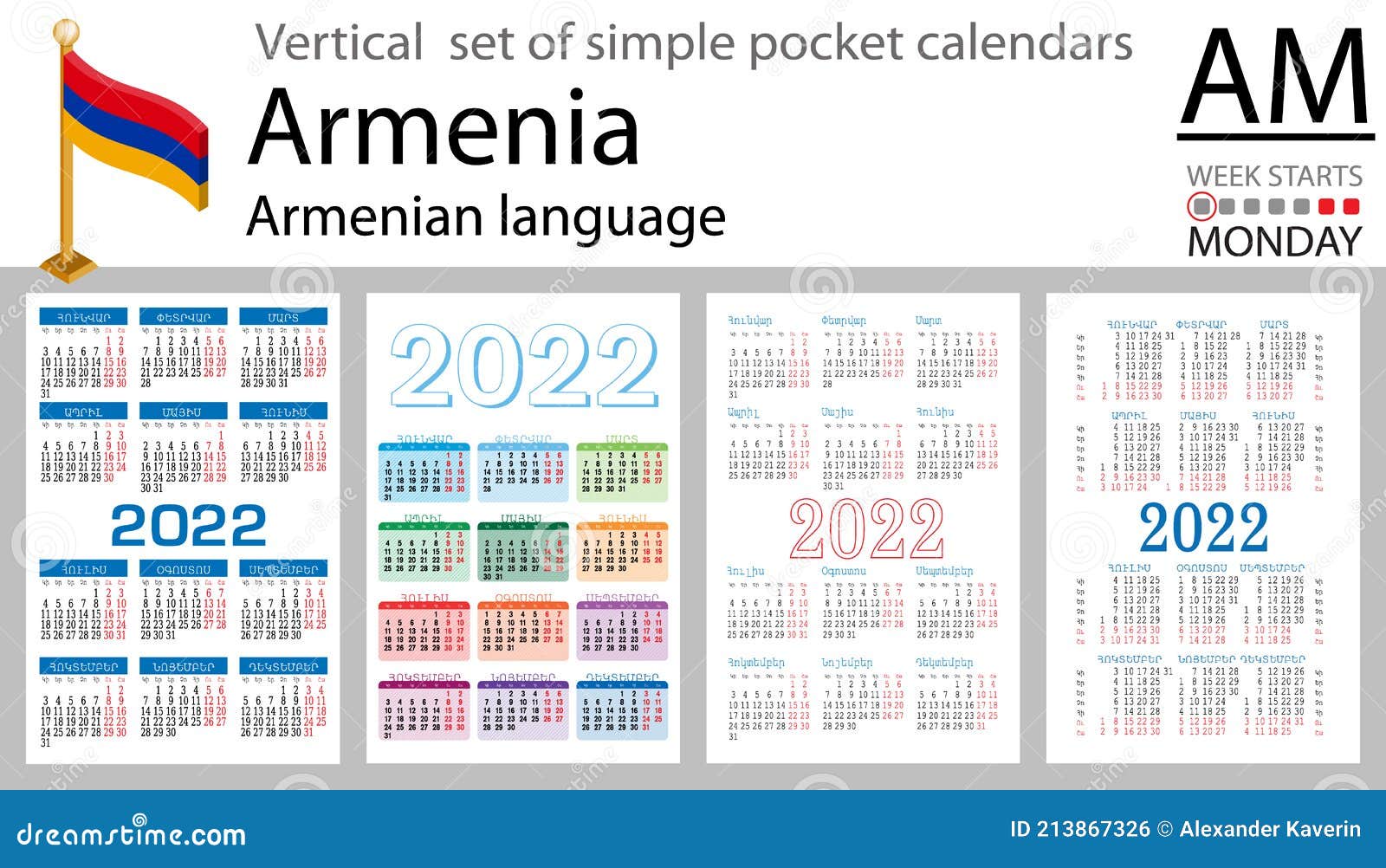 Armenian Vertical Pocket Calendar for 2022 Stock Vector Illustration