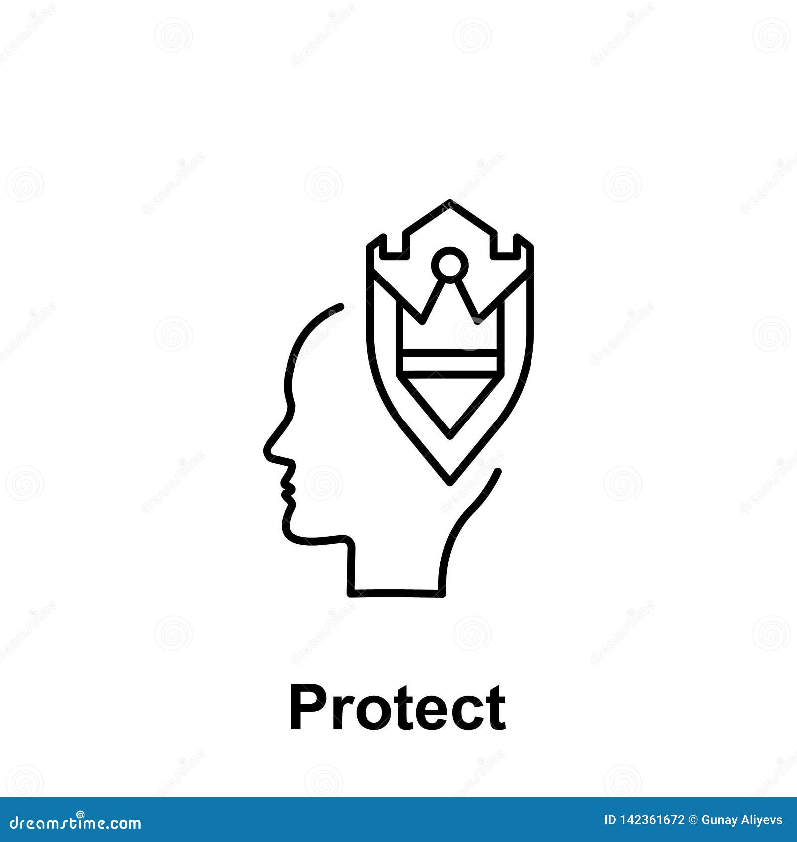 armor, shield, head icon.  of creative thinkin icon witn name. thin line icon for website  and development, app