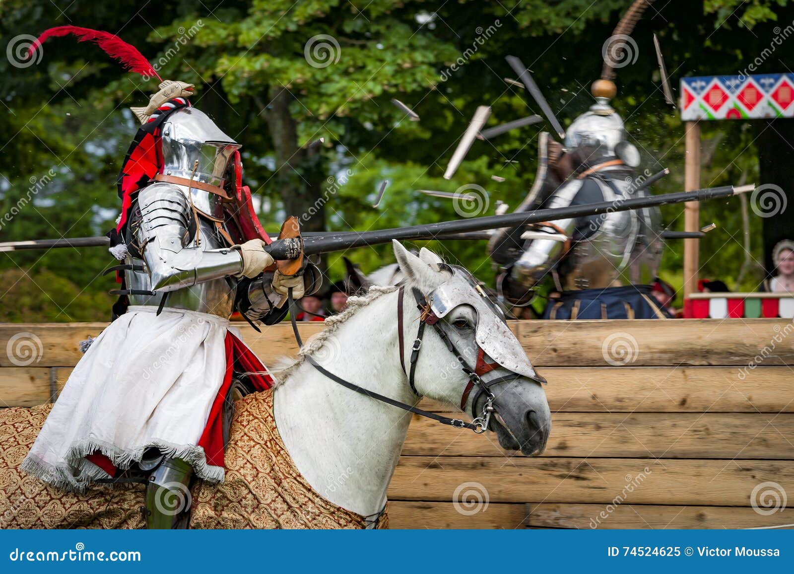 armored knight on horseback charging in a joust