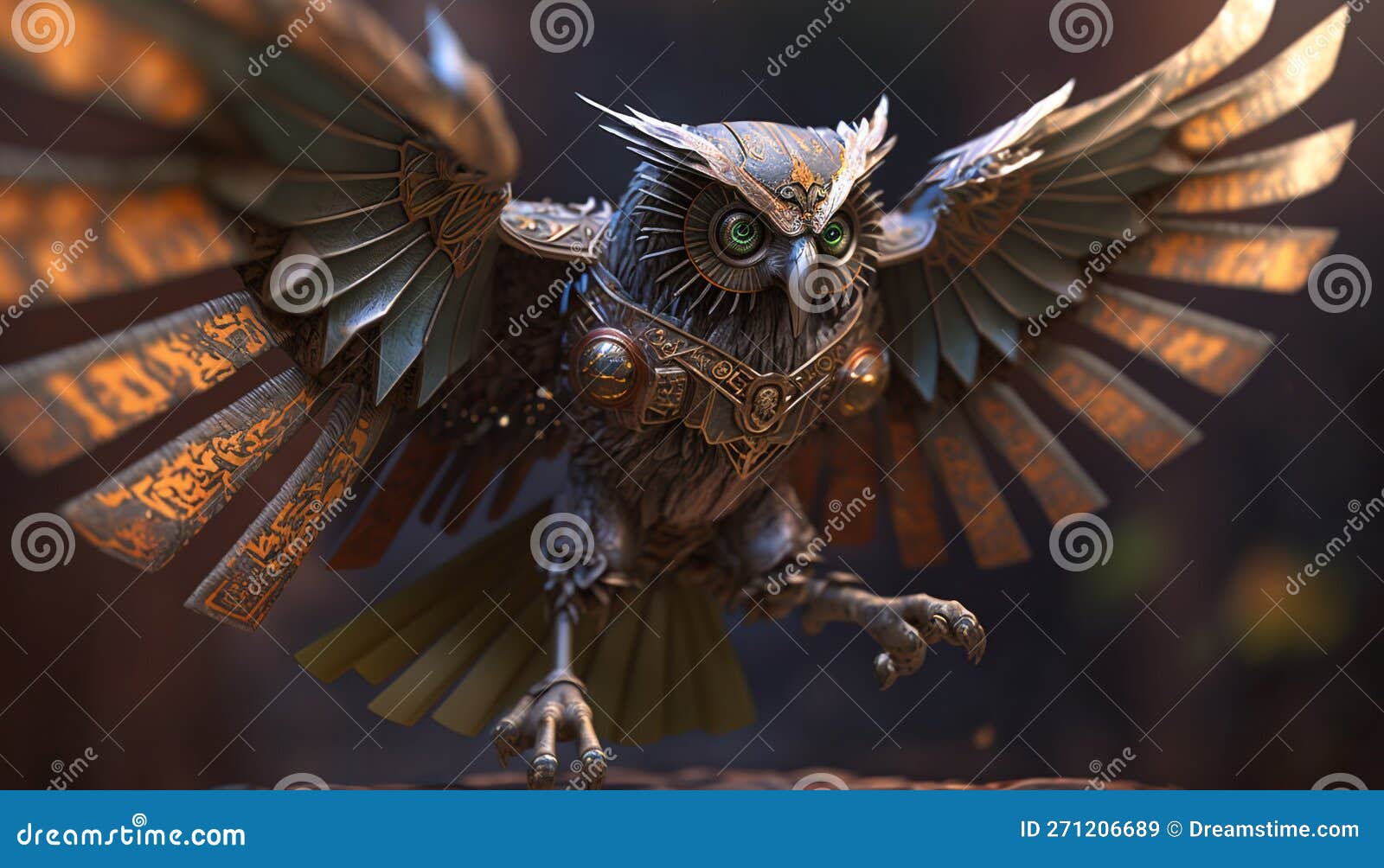 Armored Mechanical Owl. Stylized Metal Collage of Owl Stock