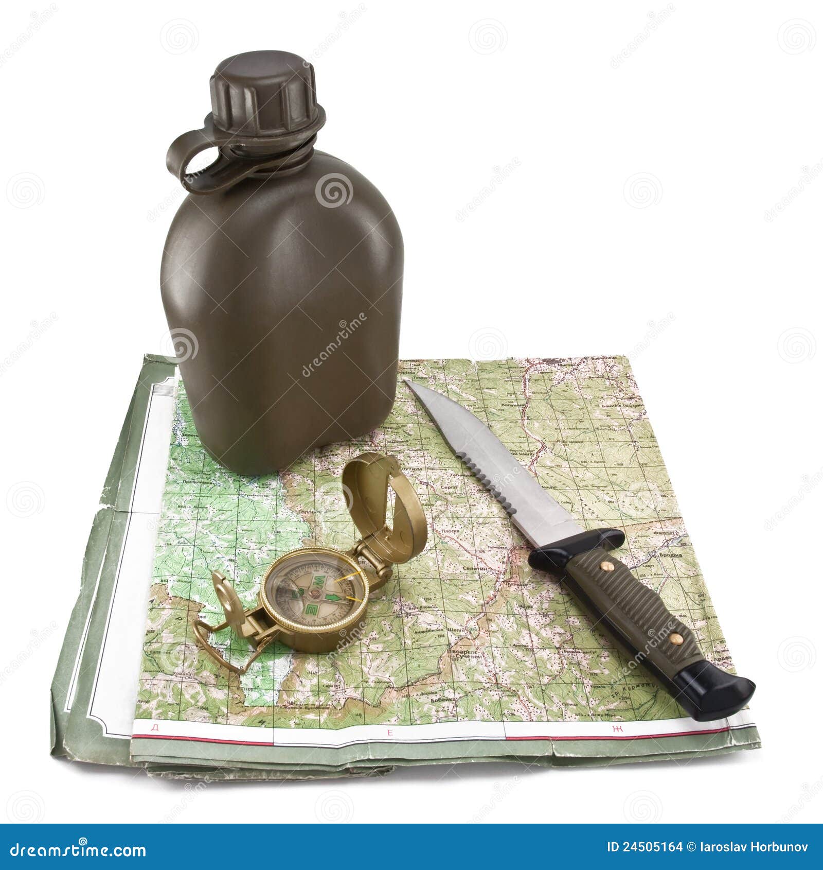 Army Canteen, a Knife and a Compass are on the Map Stock Photo Image of handle, hunting 24505164