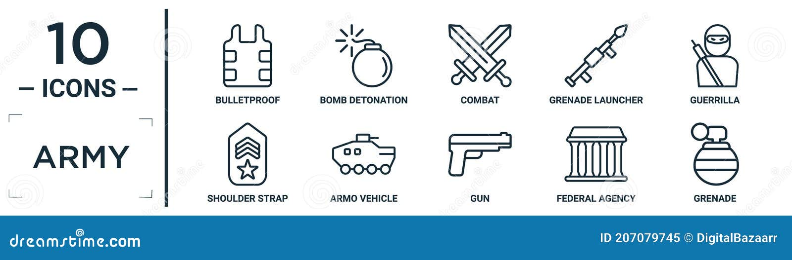 army linear icon set. includes thin line bulletproof, combat, guerrilla, armo vehicle, federal agency, grenade, shoulder strap
