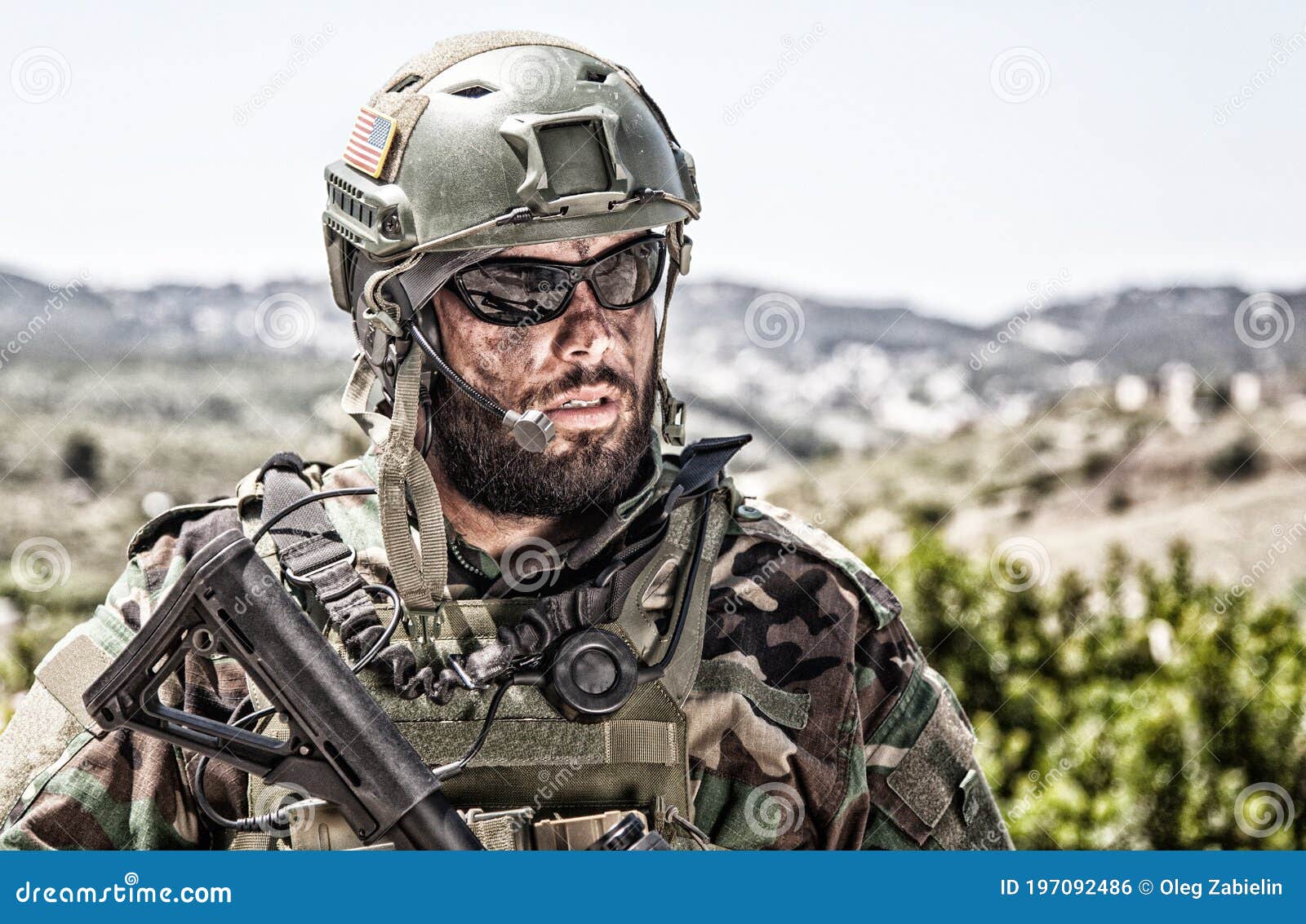army soldier, modern combatant shoulder portrait