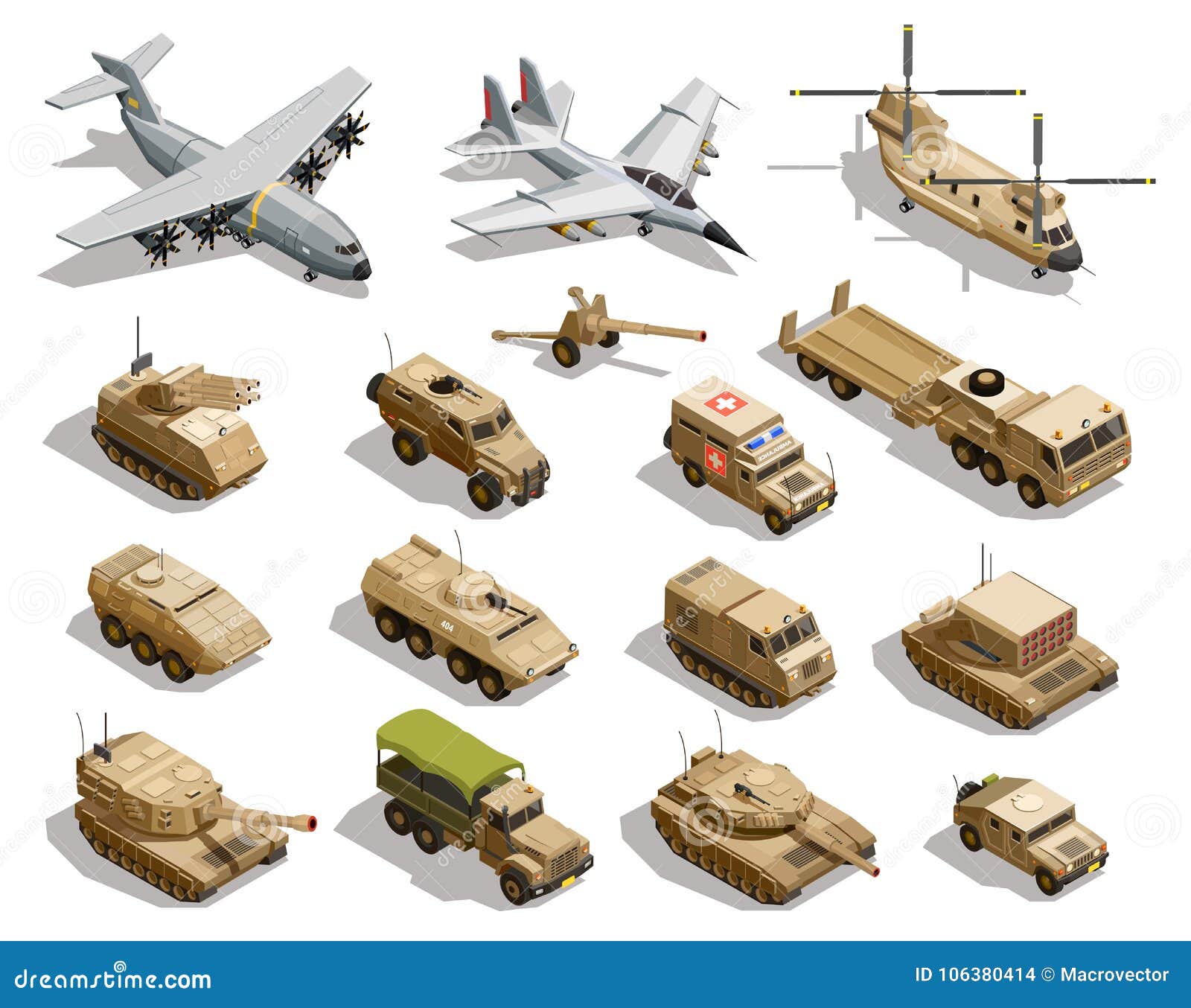 military transport isometric icons set