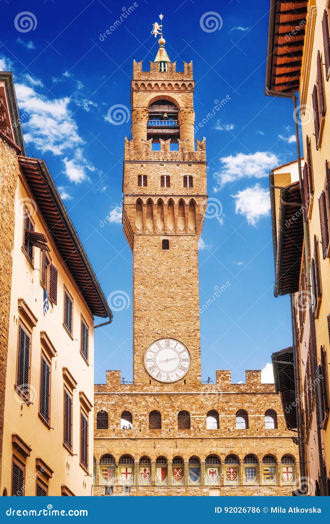 arnolfo`s tower, part of palazzo vecchio the old palace on piazza della signoria, florence