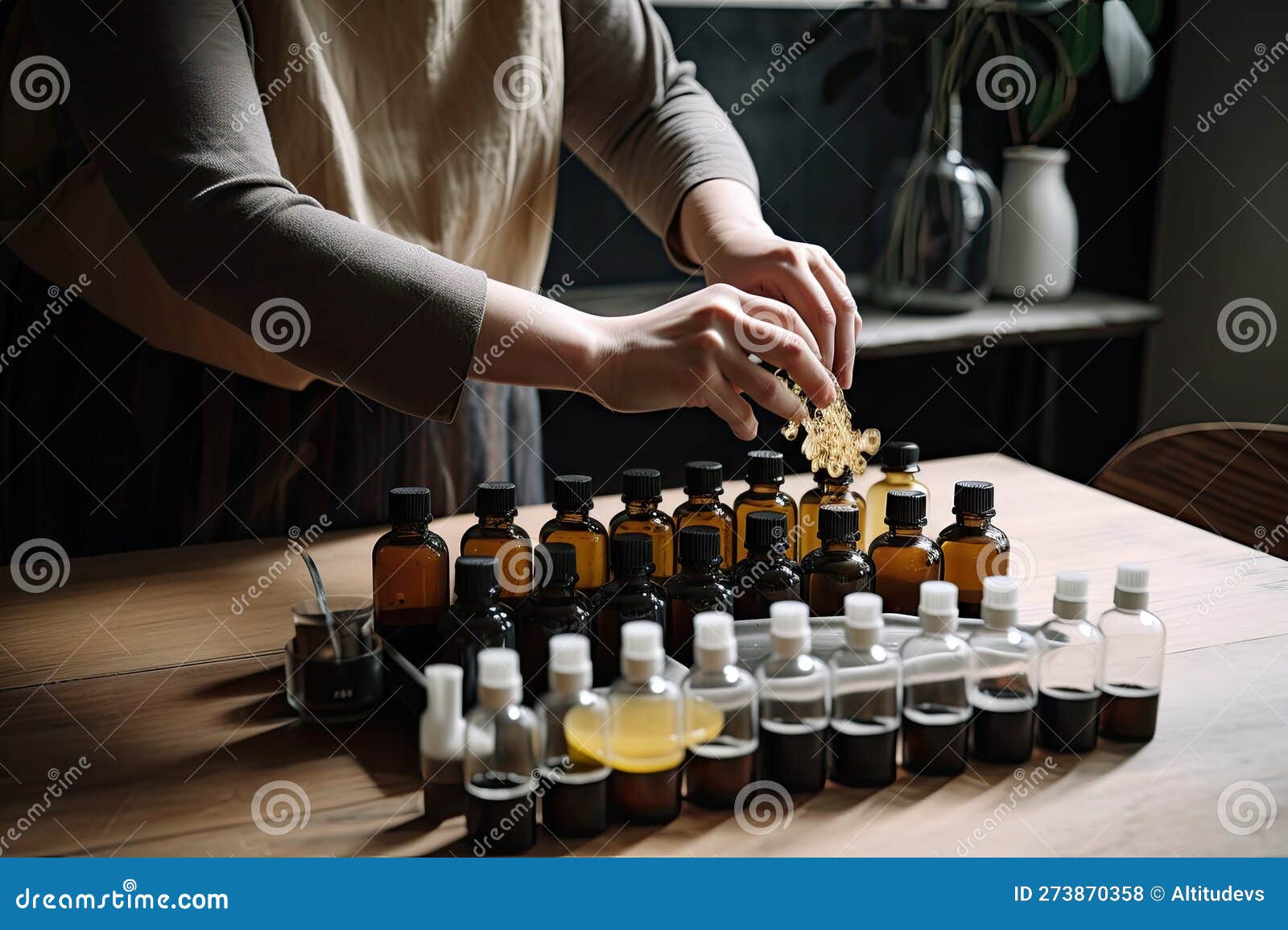 Aromatherapist Mixing Essential Oils and Preparing the Perfect Blend