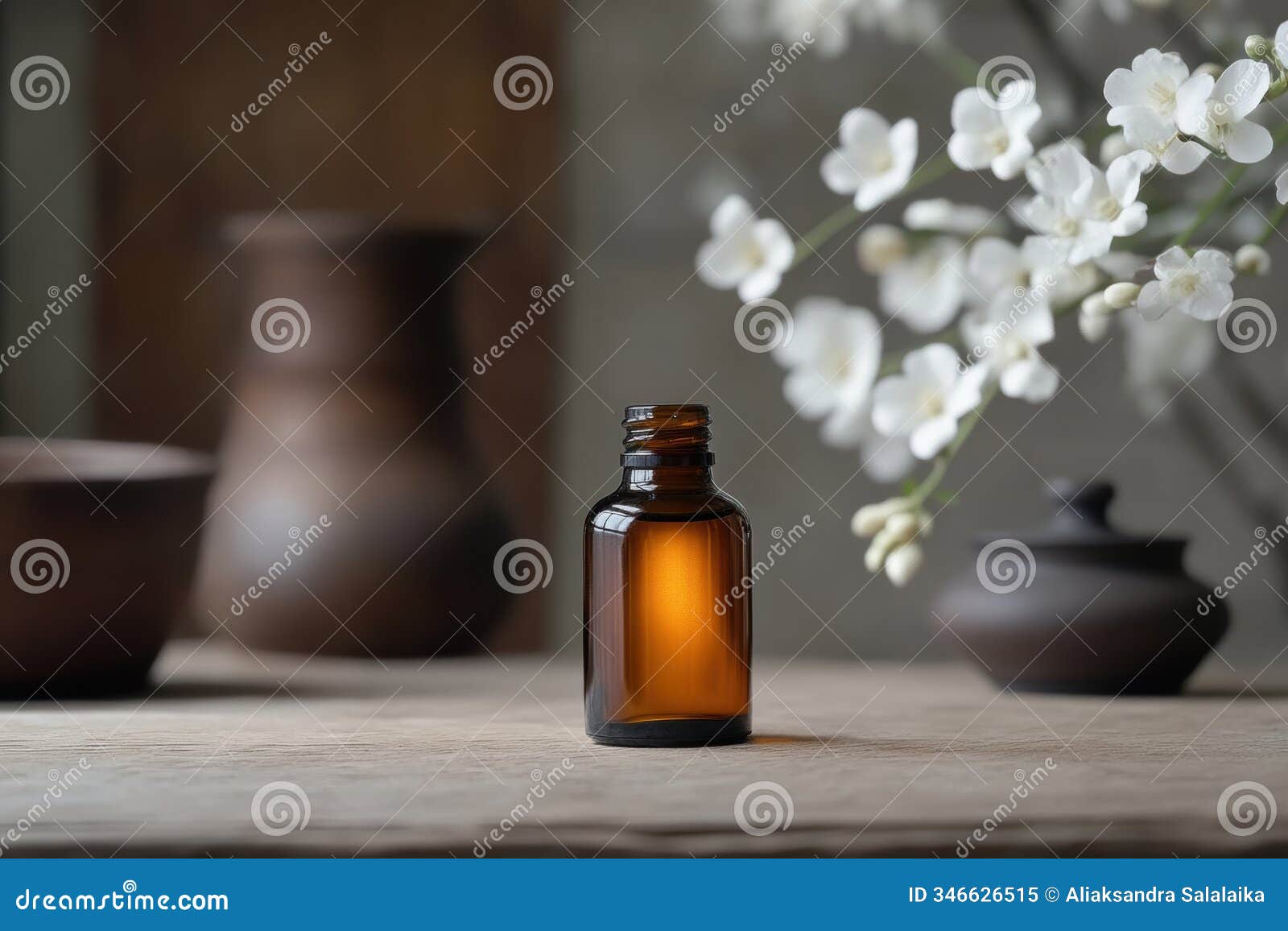 aromatherapy display, a gently illuminated vanilla oil bottle amidst rustic kitchen items and white flowers