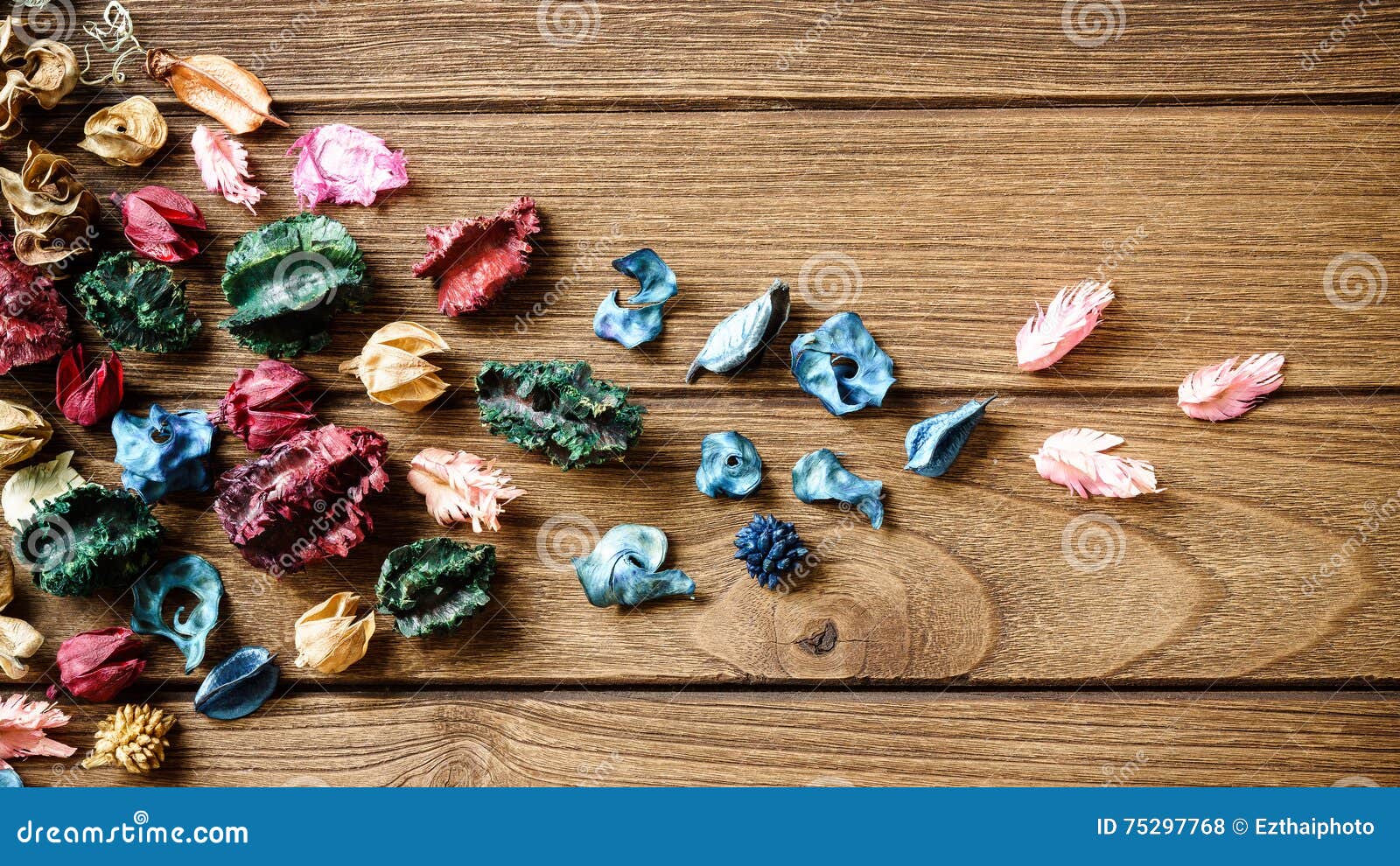 Aromatherapy Potpourri Mix of Dried Aromatic Flowers on Wooden B Stock