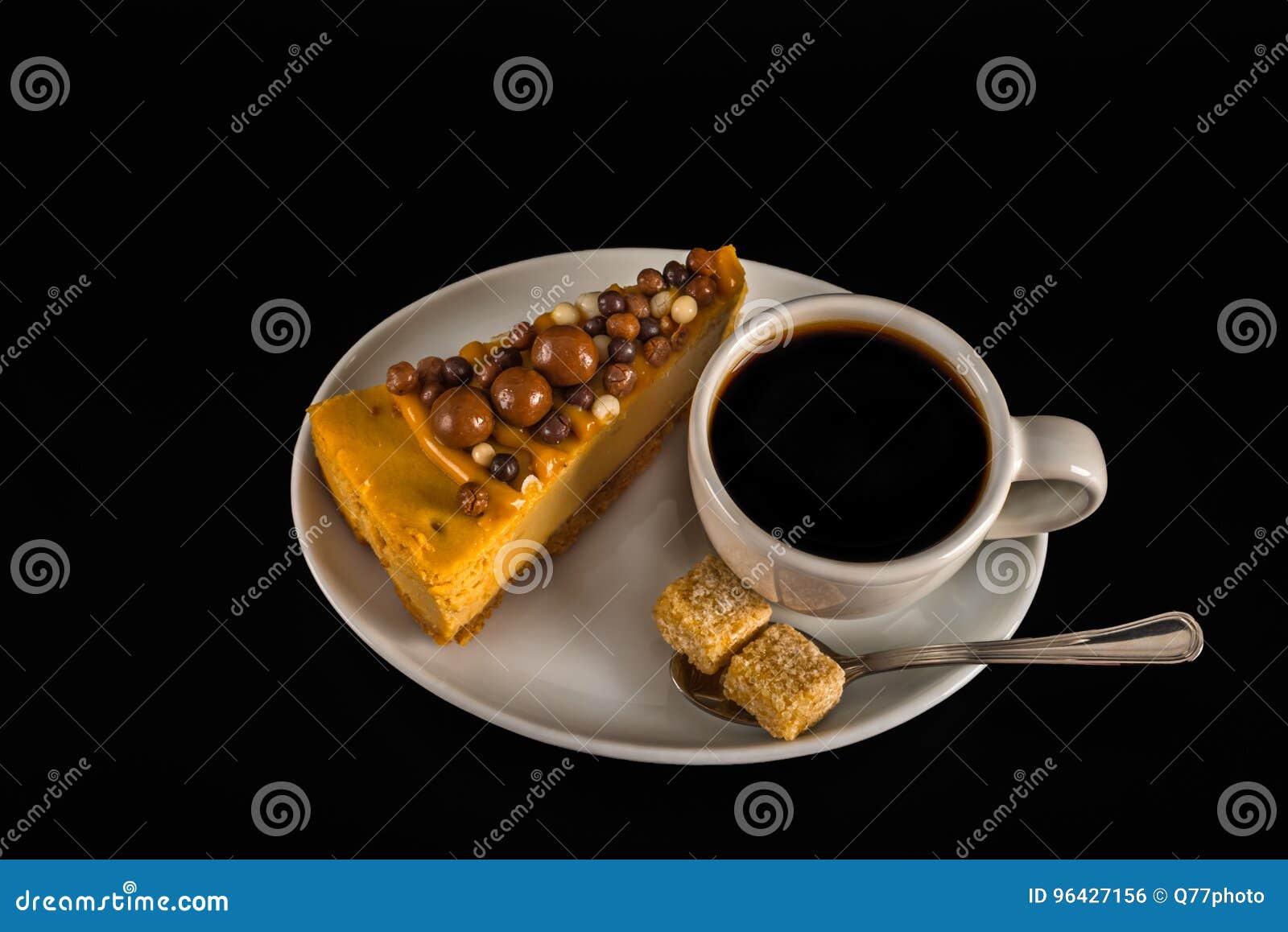 Download Aromatic Black Coffee In White Cup With Cheesecake On White Saucer, Brown Sugar, Teaspoon, Black ...