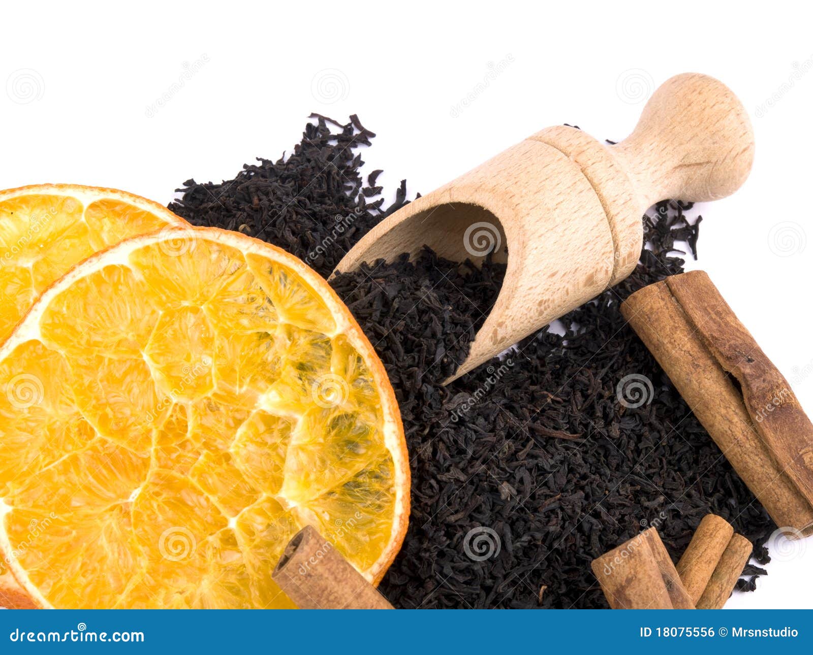 Aromatic Black Tea, Cinnamon and Orange Stock Photo Image of spoon