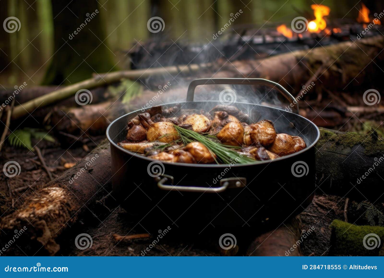 Aromatic Campfire Chicken in a Dutch Oven, Lid Slightly Ajar Stock Image Image of food