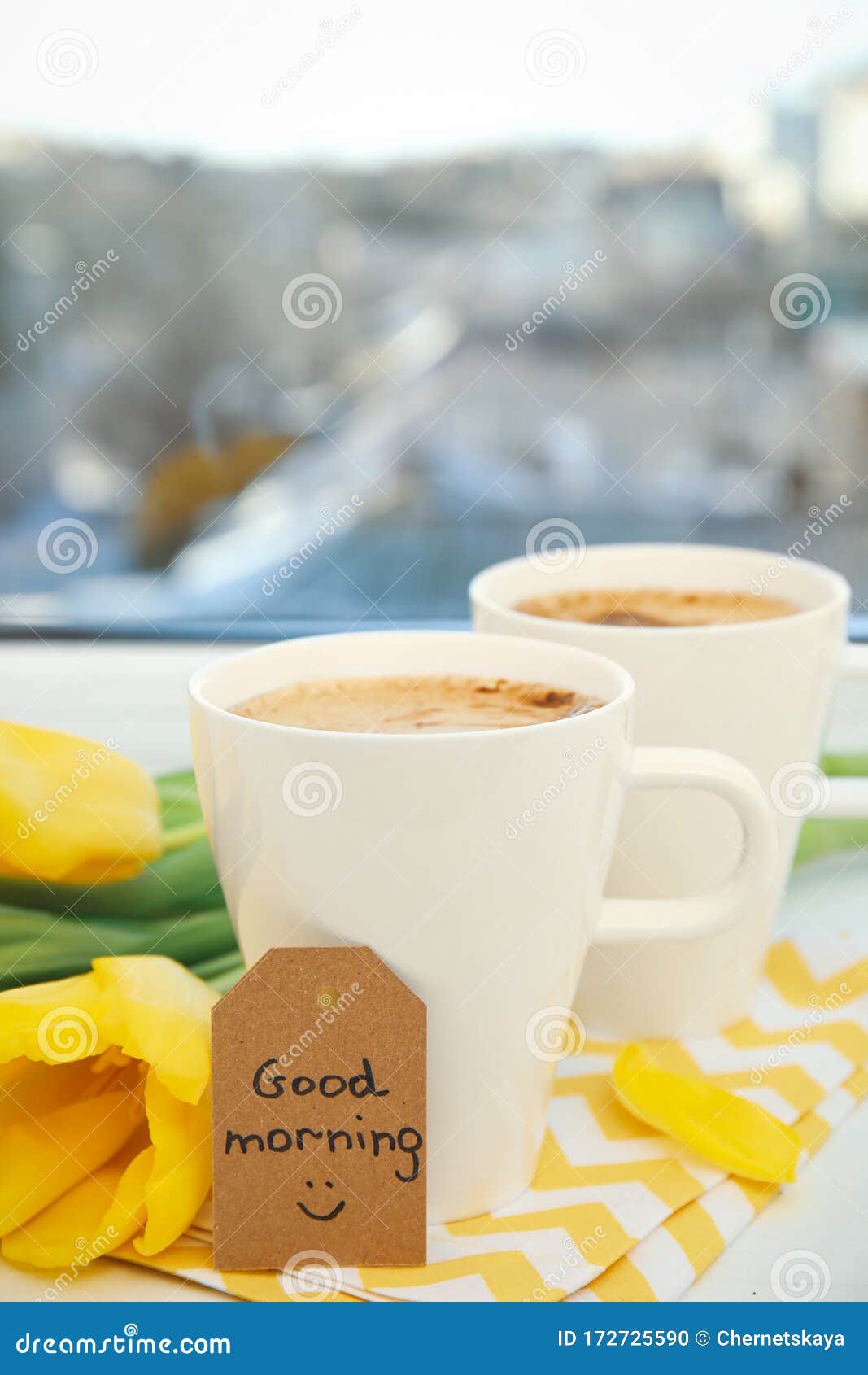 Aromatic Coffee, Flowers and GOOD MORNING Wish on Light Windowsill ...