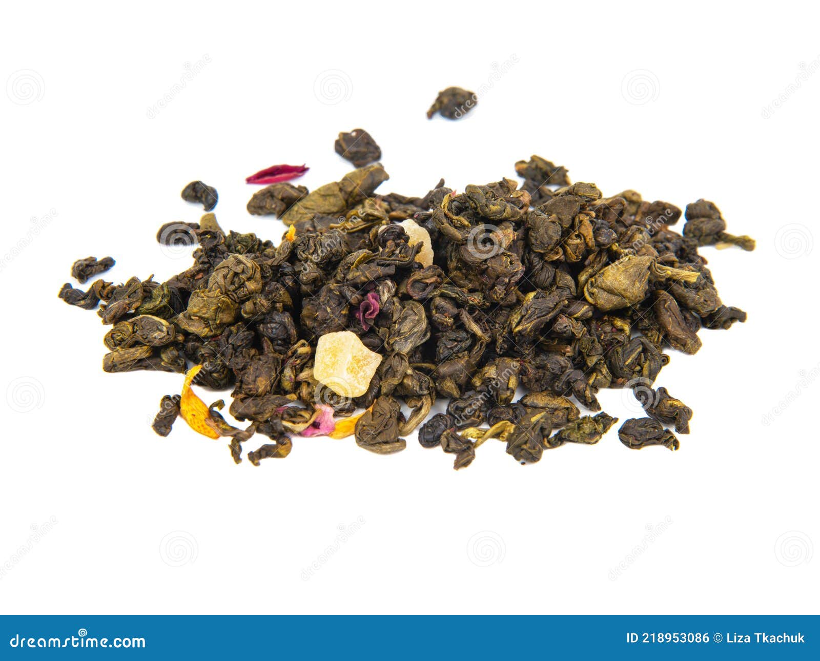 Aromatic Green Dried Tea Leaves with Mango Isolated on the White Background Stock Photo Image