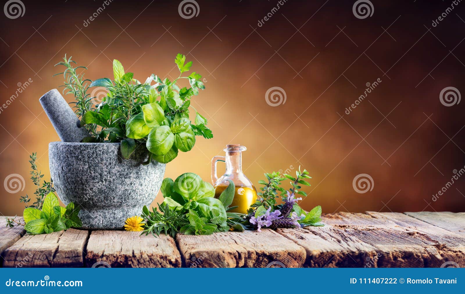 aromatic herbs with mortar - fresh spices