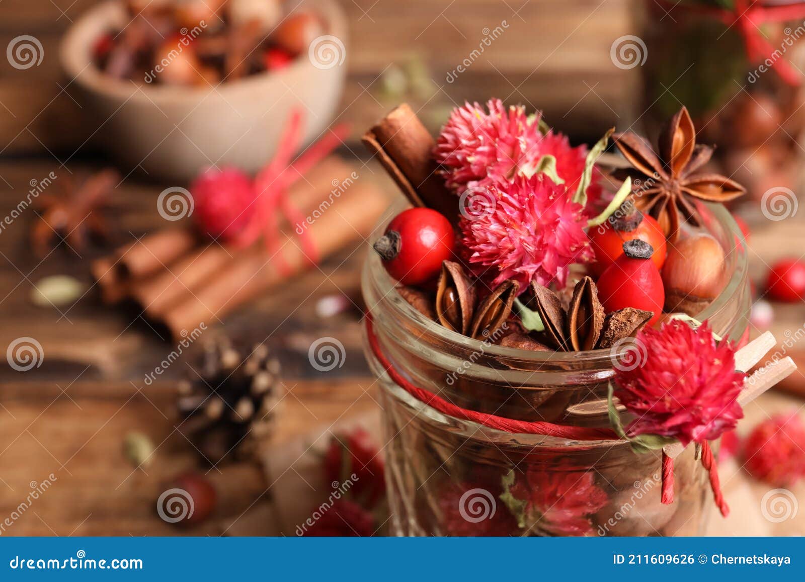 Aromatic Potpourri in Glass Jar on Table, Closeup. Space for Text Stock