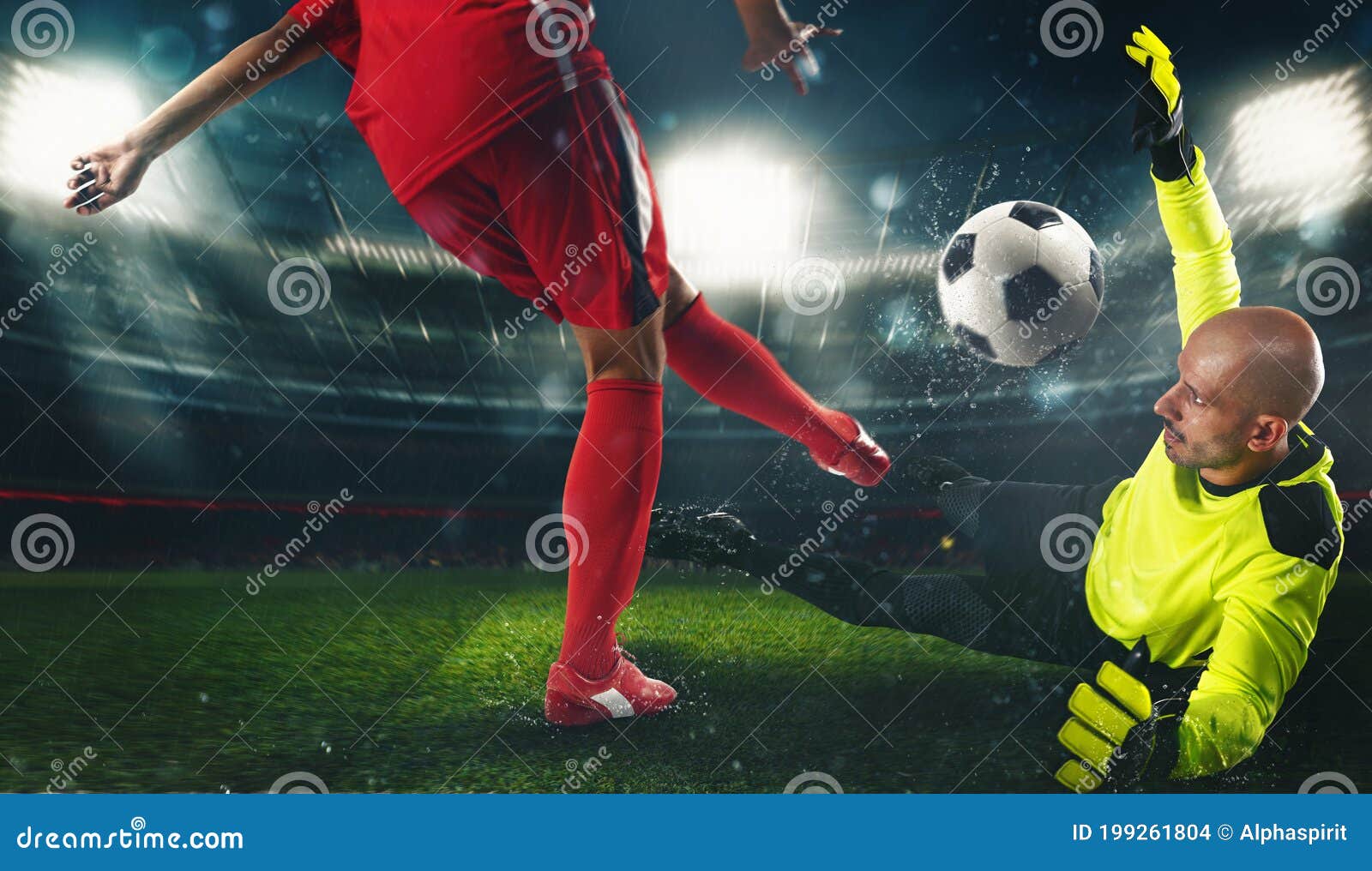 Arquero Fútbol Con Uniforme Fluorescente Contraponiéndose Al Atacante Uniforme Rojo Foto de archivo de encargado, salto: 199261804