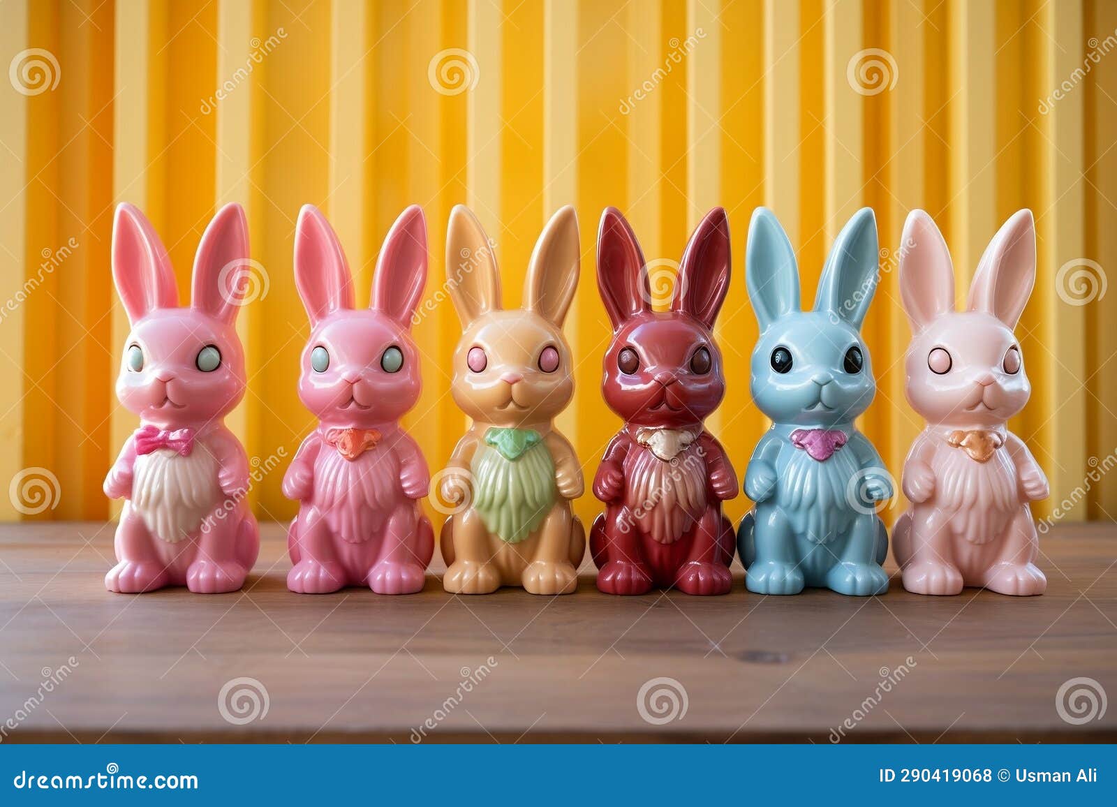Arrangement of Five Plastic Toy Rabbit Figures. AI Stock Photo Image