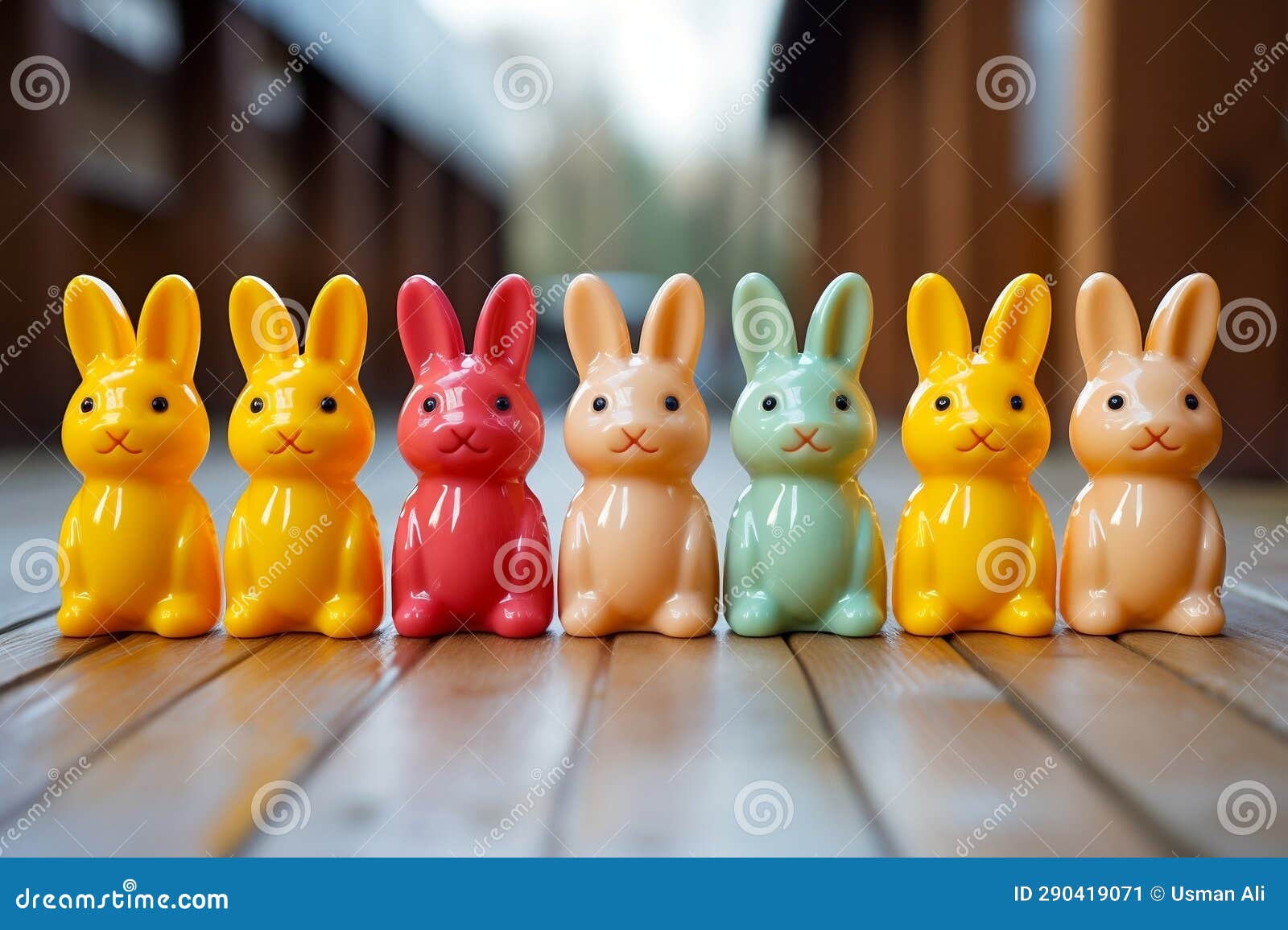 Arrangement of Five Plastic Toy Rabbit Figures. AI Stock Illustration
