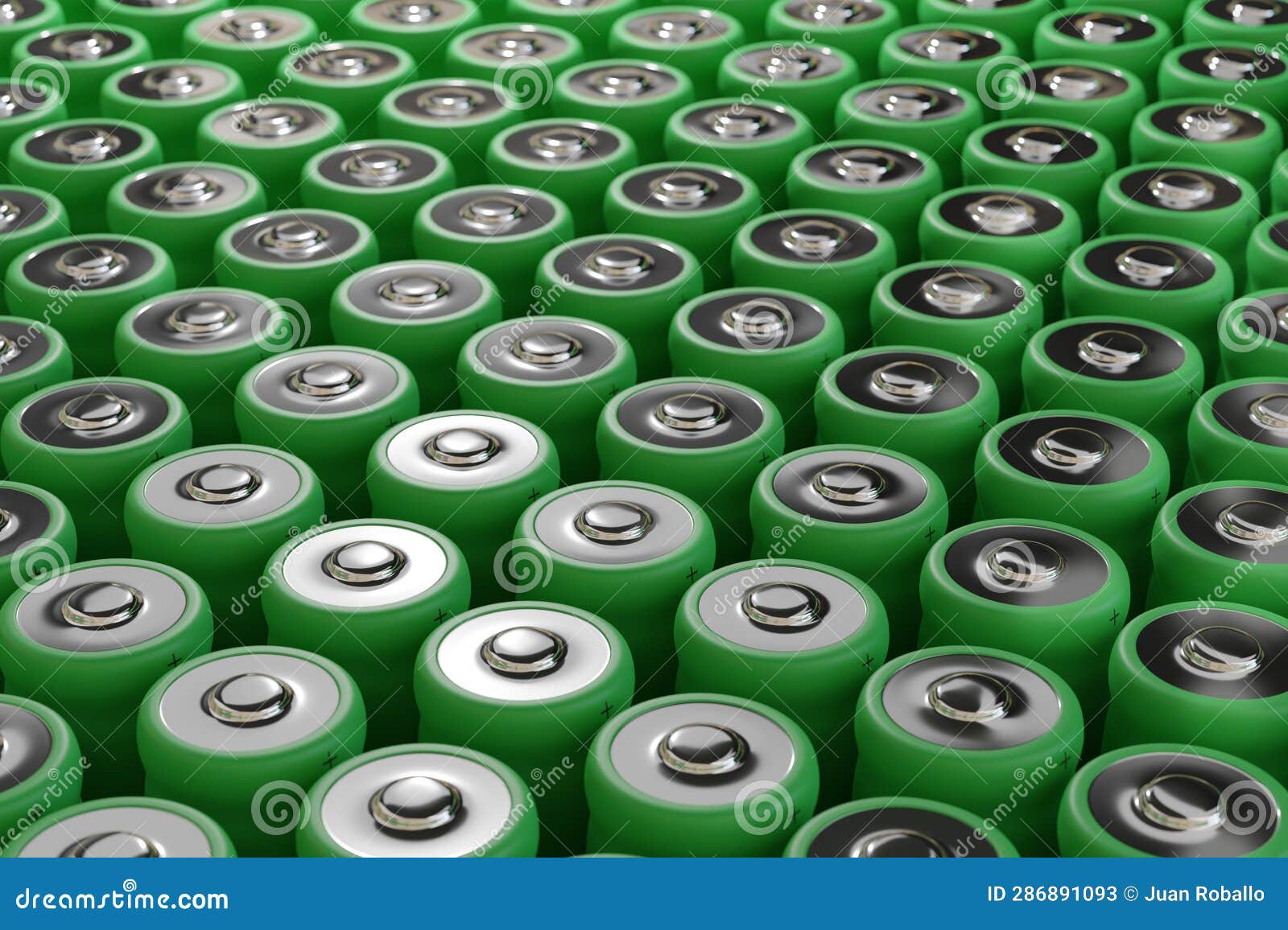 Arrangement of Green Lithium Batteries. 3d Illustration Stock