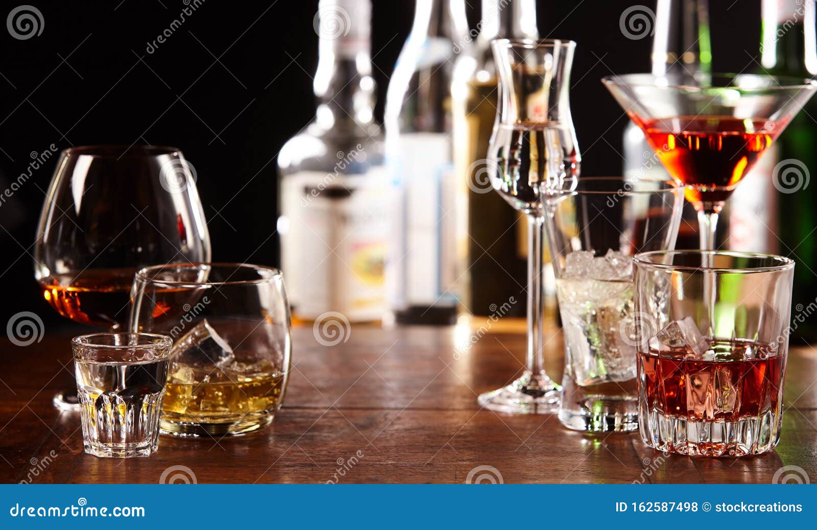 Array of Alcoholic Beverages in Glasses at a Bar Stock Photo Image of