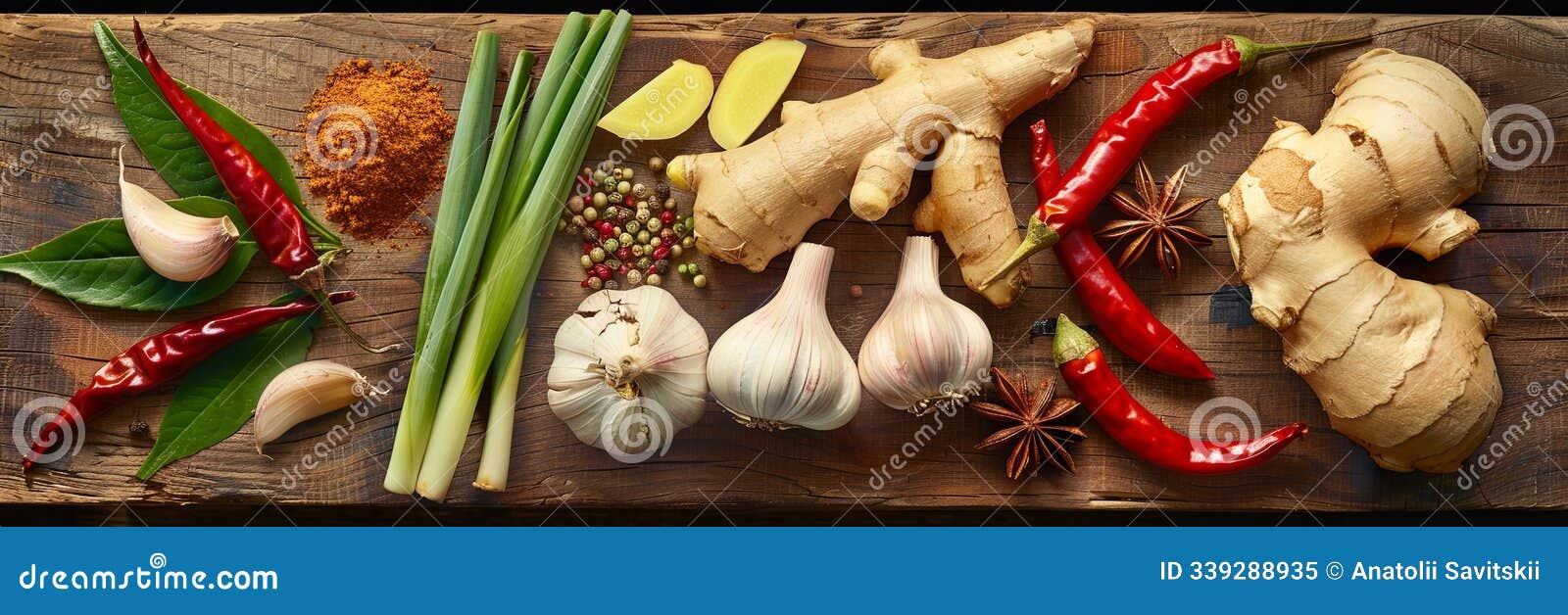 an array of asian spices showcases fresh ginger, garlic, bold chili peppers, fragrant star anise, and aromatic