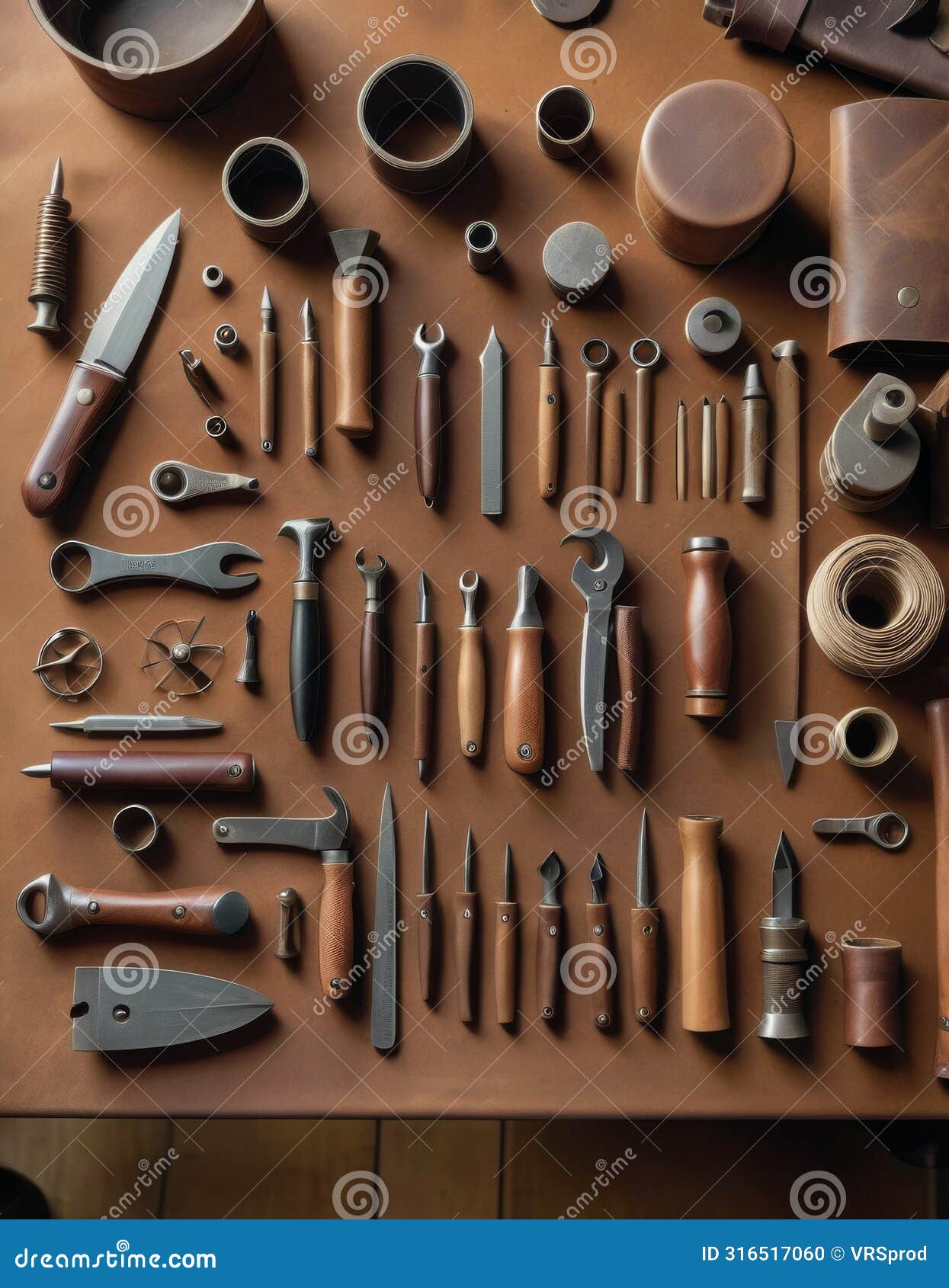 array of craftsmanship tools on wooden surface