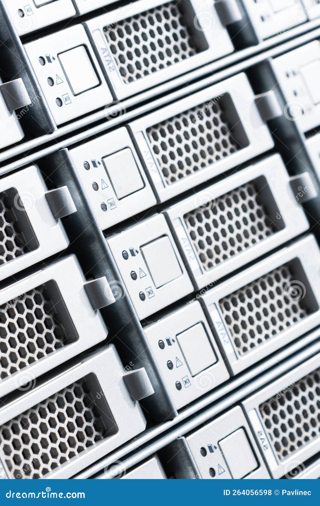 Array of Data Storage Hard Drives in Data Center Stock Photo