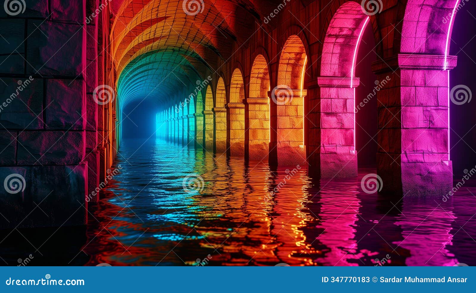 an array of multicolored led lights under water, casting a vibrant spectrum on the arches of a stone bridge