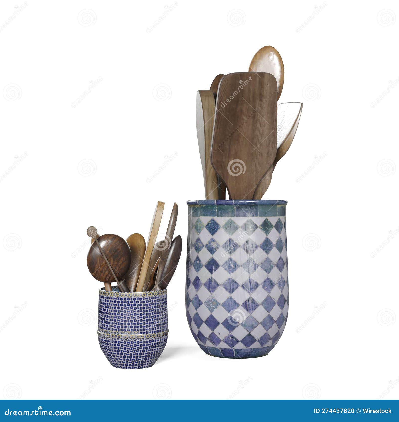 wooden cooking utensils, such as spoons, forks, and spatulas on a white background, 3d rendered