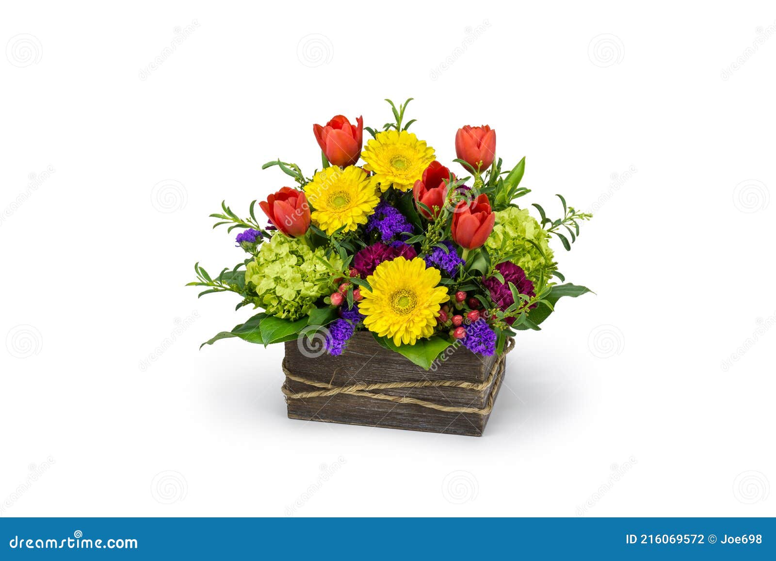 Arreglo Floral De Primavera En Una Caja De Jardín De Madera Con Tulipanes Y  Margaritas Floristry Foto de archivo - Imagen de colores, acentos: 216069572