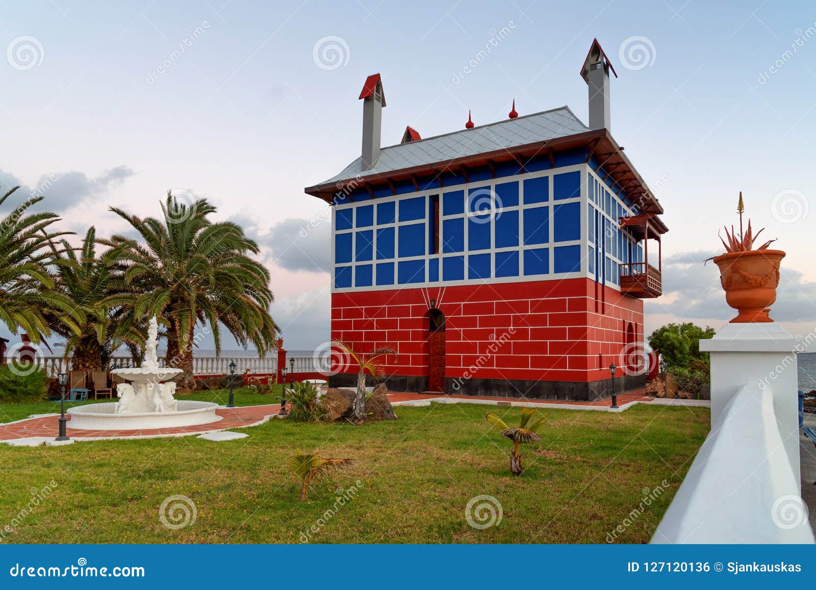 arrieta, blue house at sunset, lanzarote spain