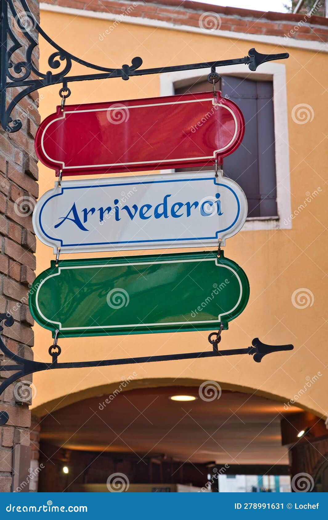 Arrivederci or Goodbye Sign in Italian Language and Italian Flag on a