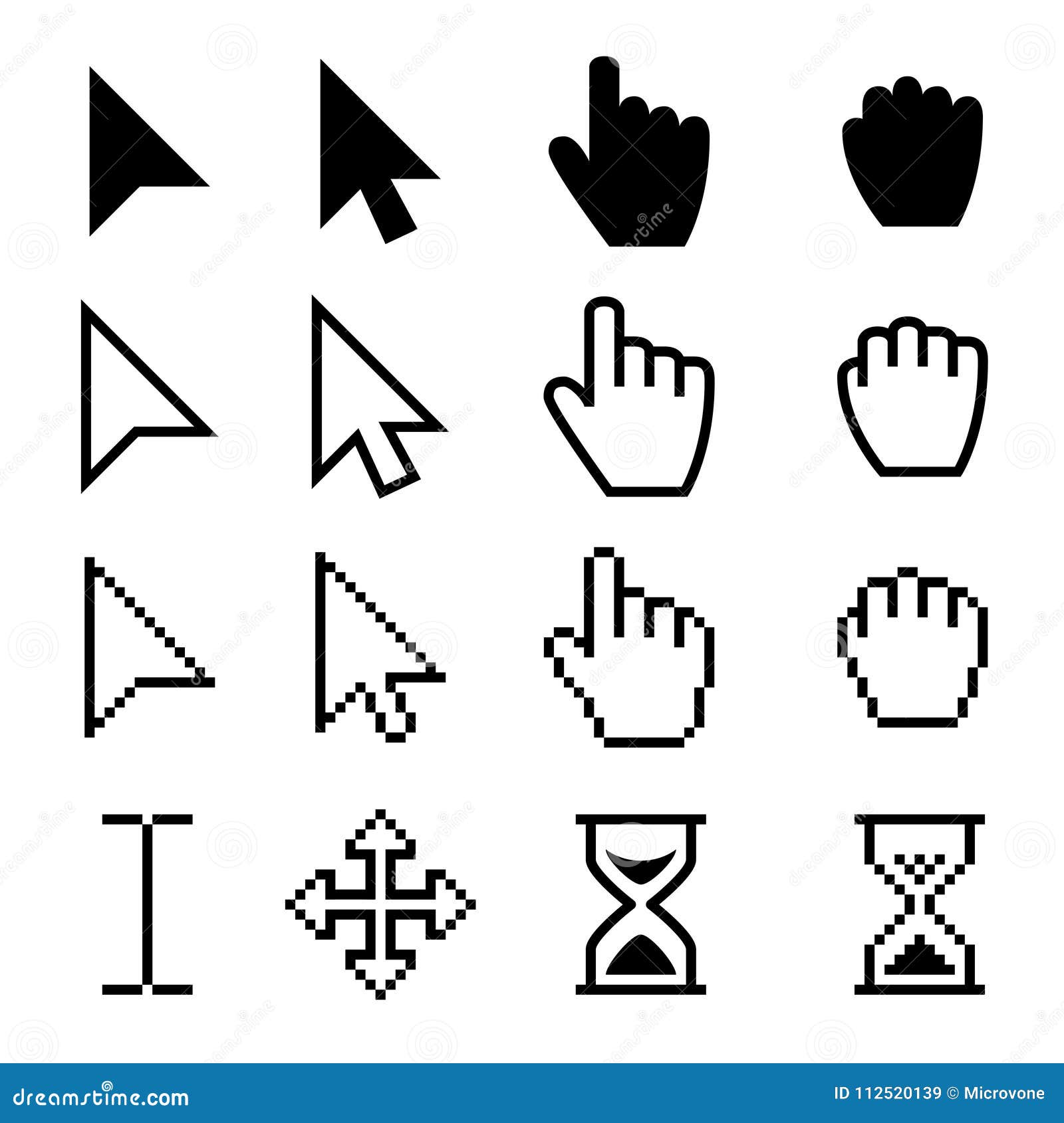 arrow web cursors, digital hand pointers  black pictograms