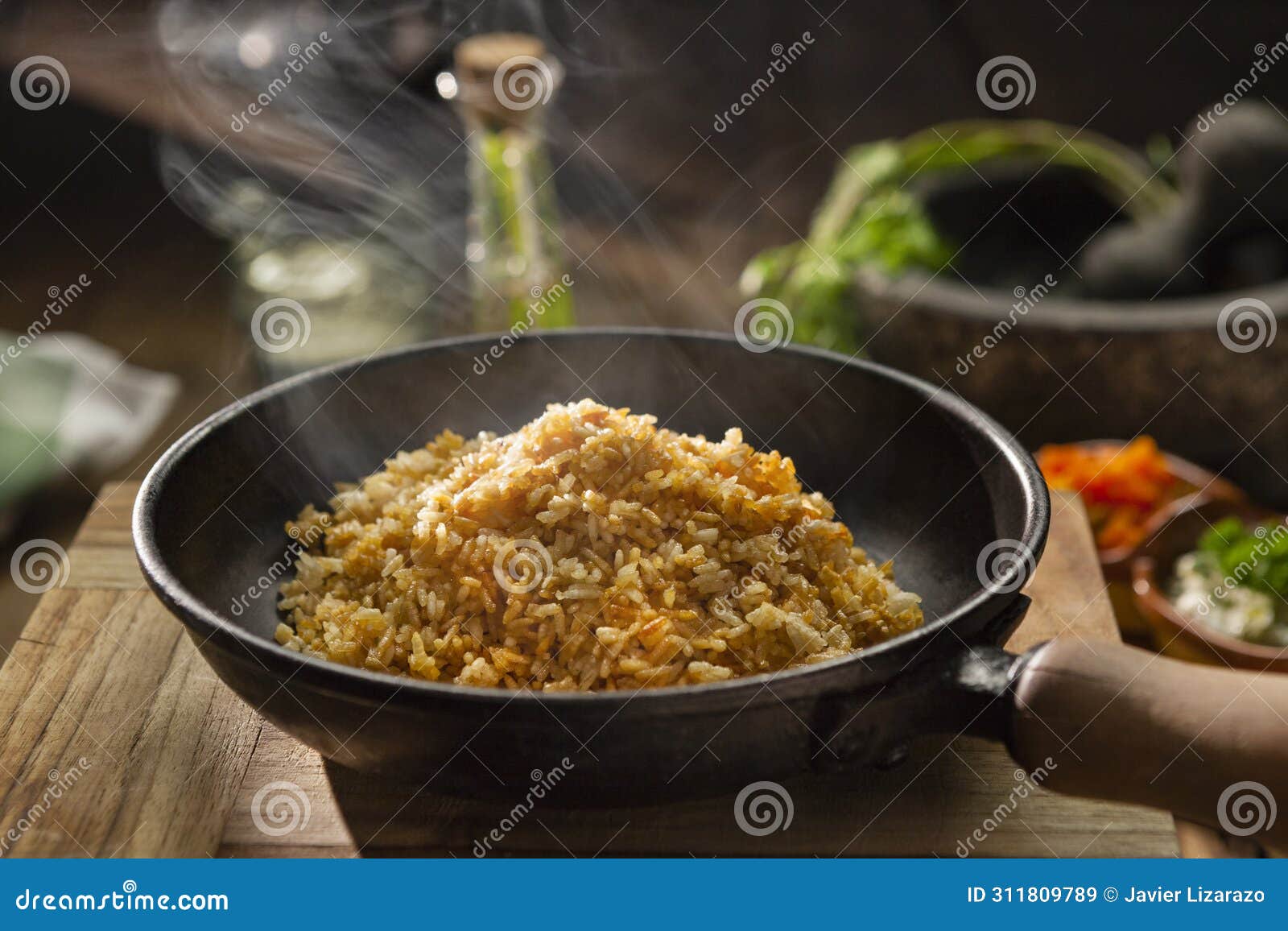 arroz con coco, traditional colombian dish. typical latin recipes with rice an fruits