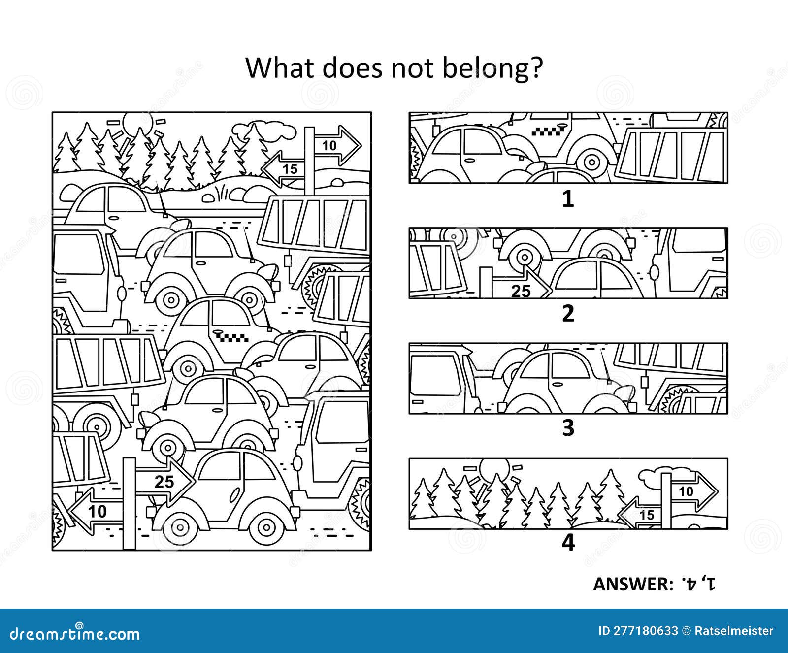 ?ars and trucks on the road. visual puzzle or picture riddle: what does not belong?