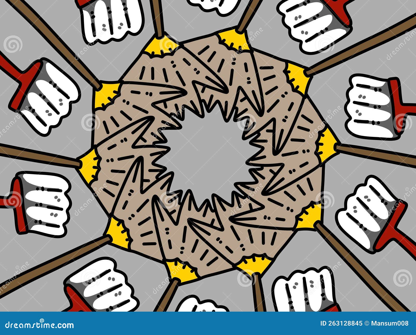 Broom and Mop Cartoon on Gray Background Stock Illustration