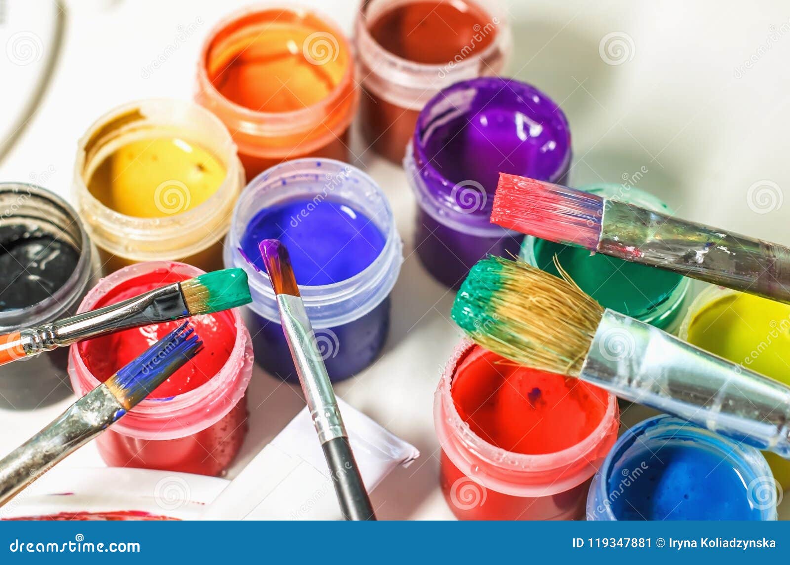 Art Brushes and Paints for Painting on the Used Palette with Paints  Close-up. Stock Image - Image of crop, brushes: 119347881