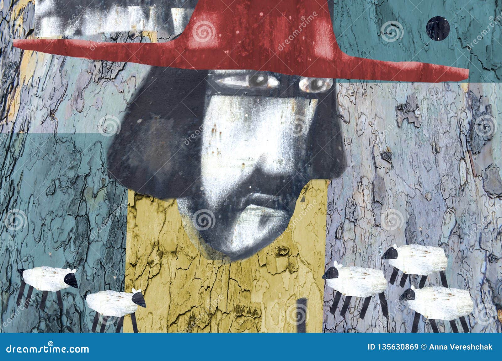 Art of Collage with the Image of a Man in Red Hat Stock Illustration