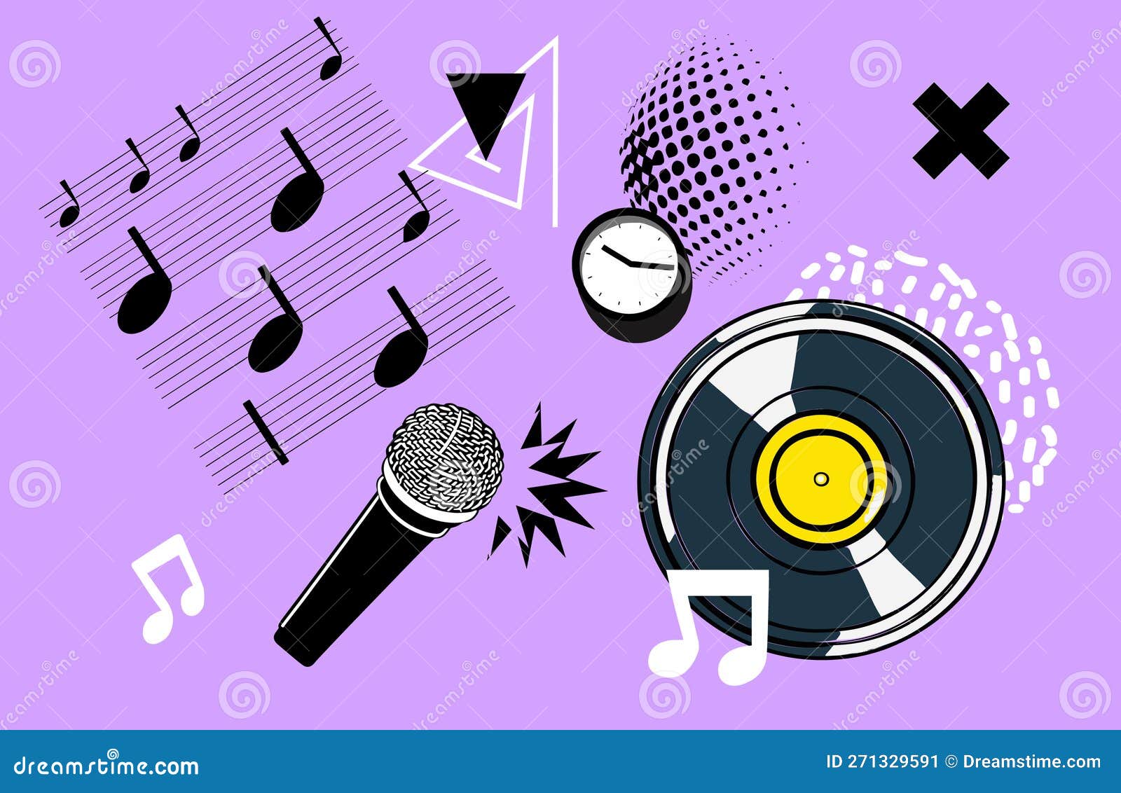 Art Collage with Music Notes and Microphone. Music Plate and Disco