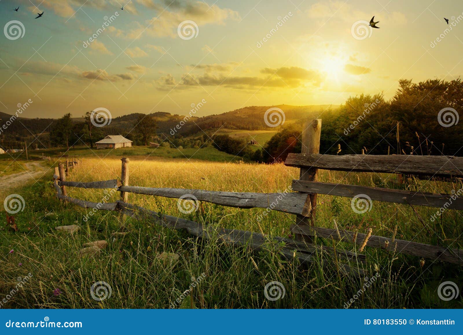 art countryside landscape; rural farm and farmland field