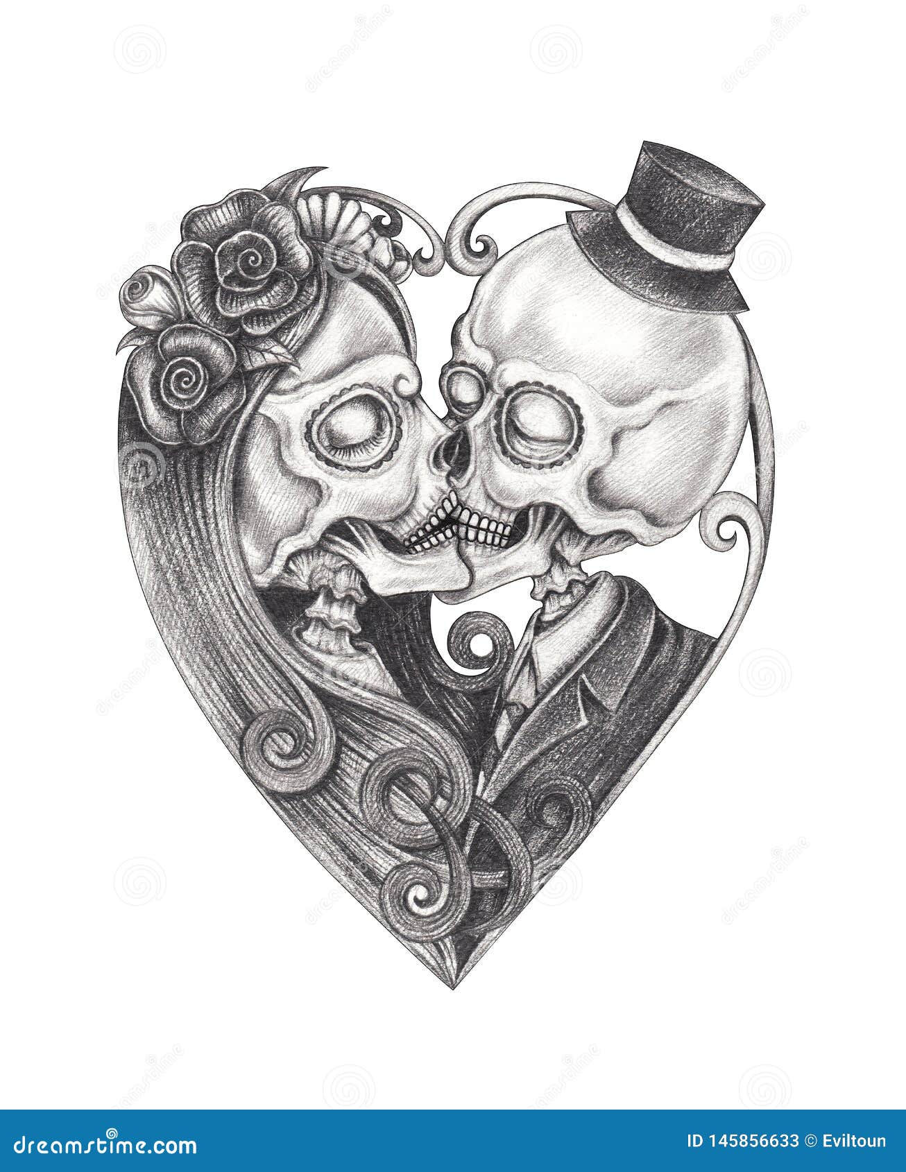 Art Couple Kiss Skulls Day of the Dead. Stock Illustration - Illustration  of flower, graphic: 145856633