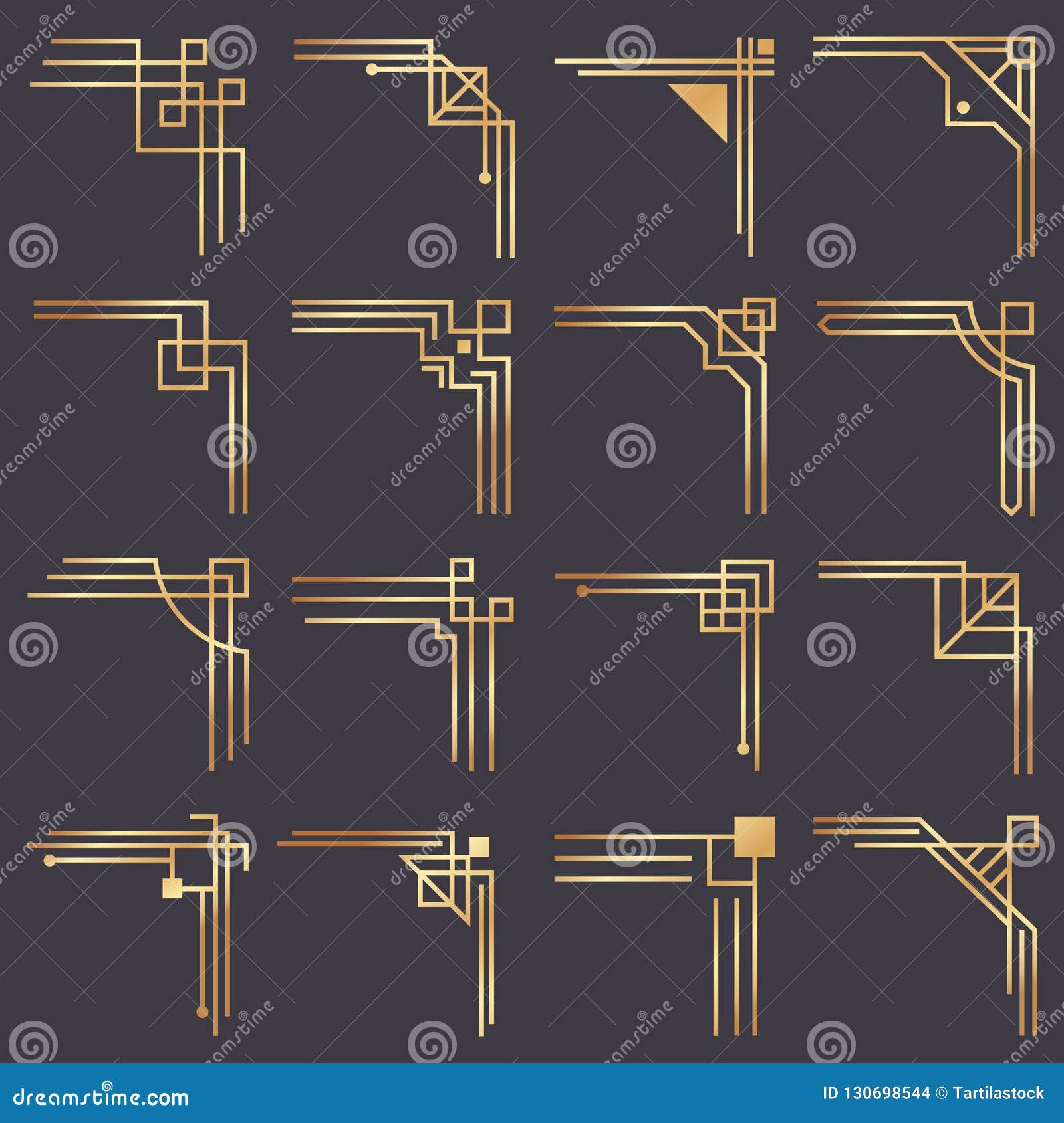 art deco corner. modern graphic corners for vintage gold pattern border. golden 1920s fashion decorative lines frame