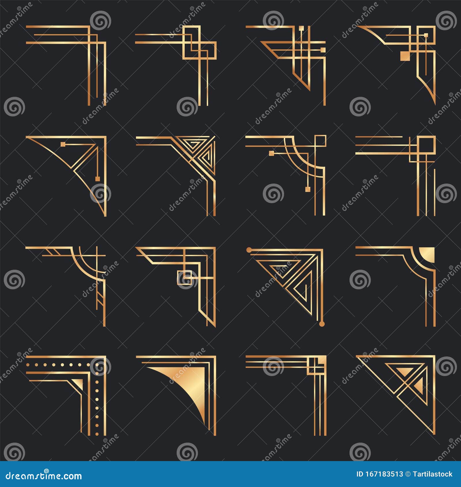 art deco corners. golden geometric ornamental corner, frame decoration and gold retro frame s  set