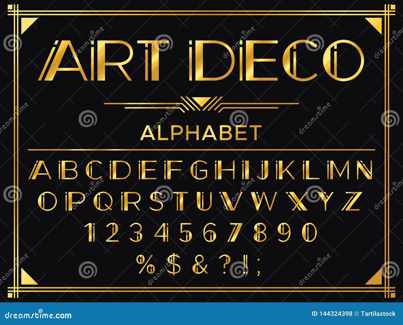 art deco font. golden 1920s decorative letters, vintage fashion typography and old gold alphabet  set