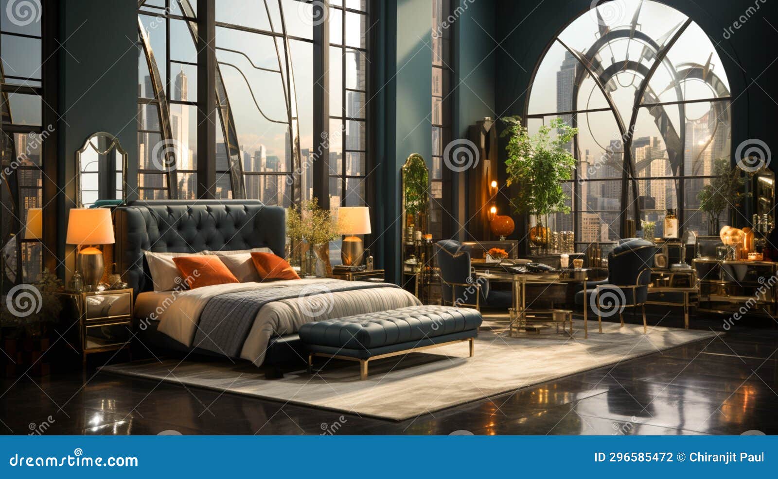 Art Deco Glam Style with Statement Mirror Bedroom Stock Photo Image