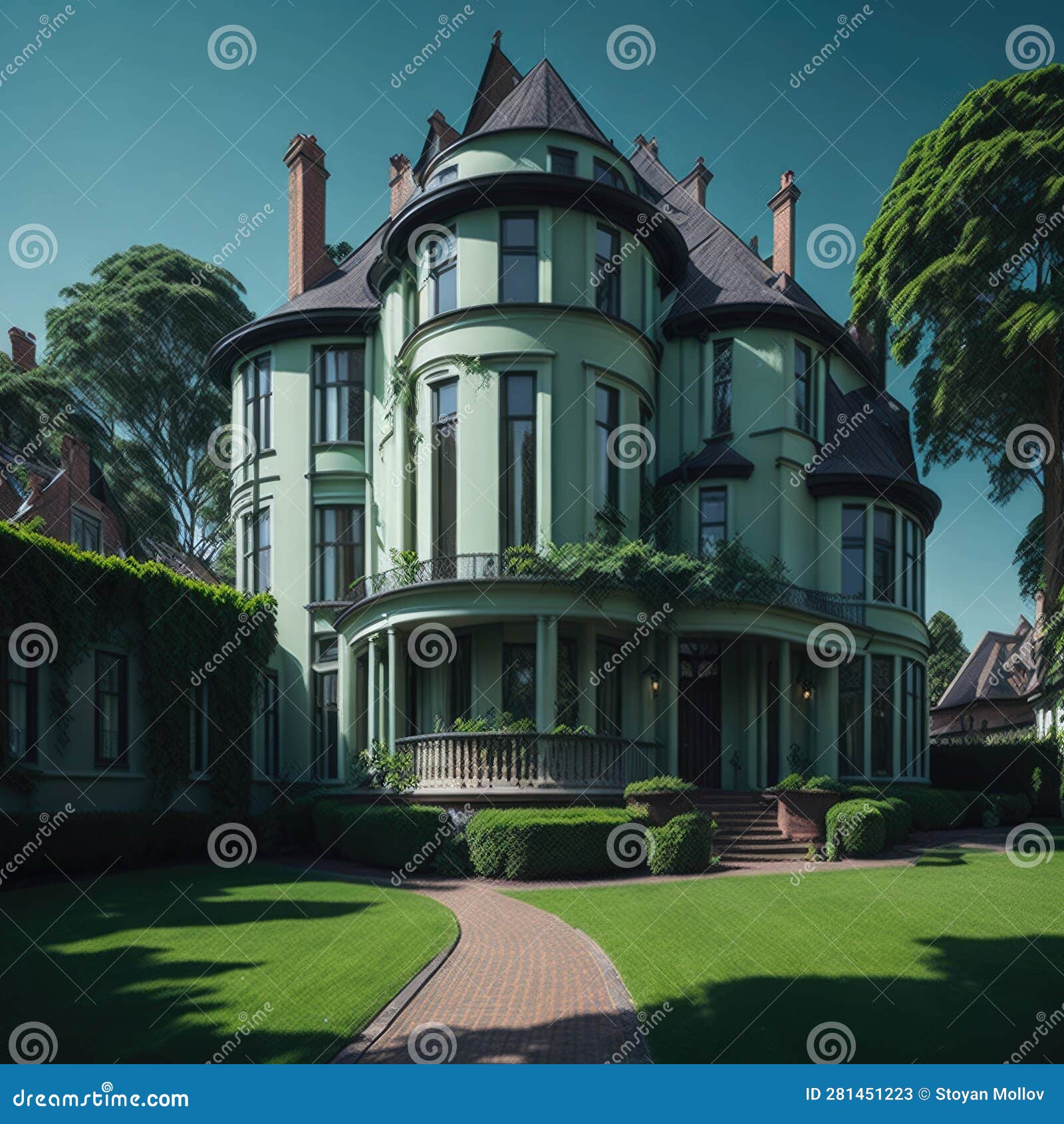 art deco style manson house with large green yard , trees, fance and stone path, sunny day, generative ai