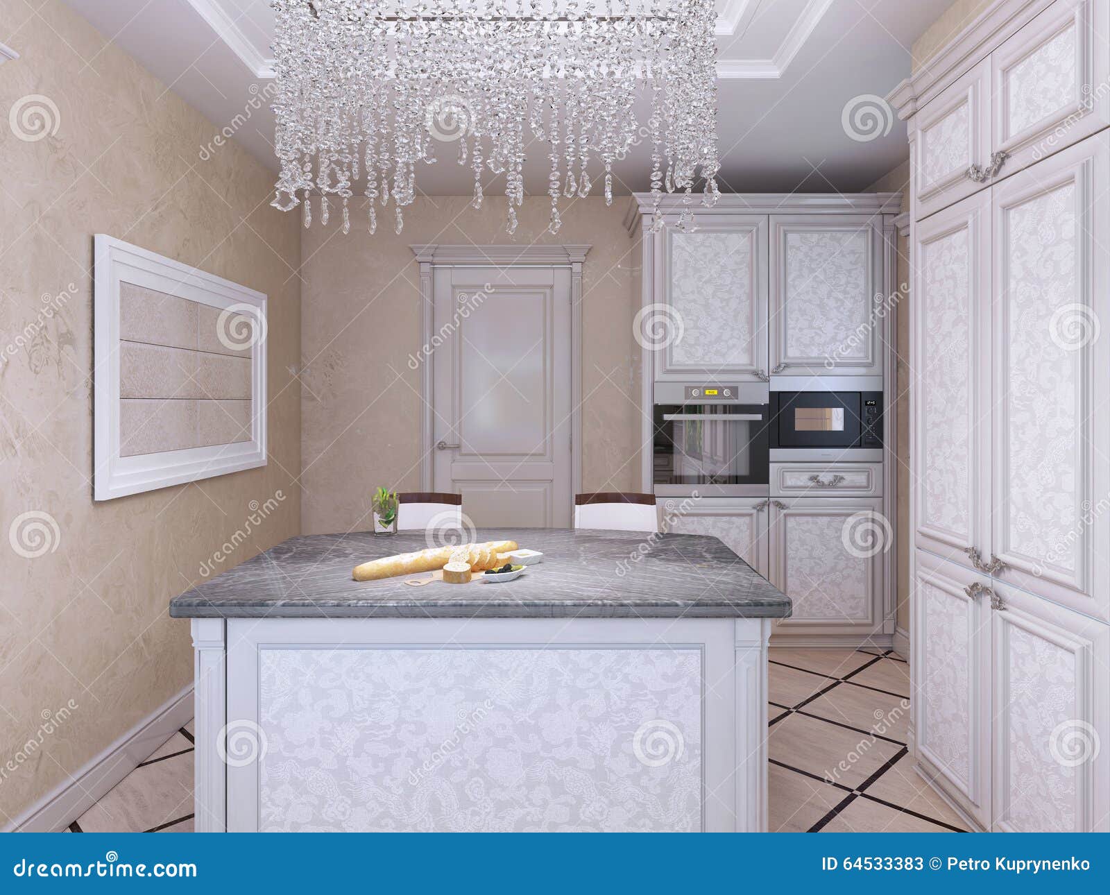 Art Deco Styled Kitchen with Island Bar Stock Image Image of building