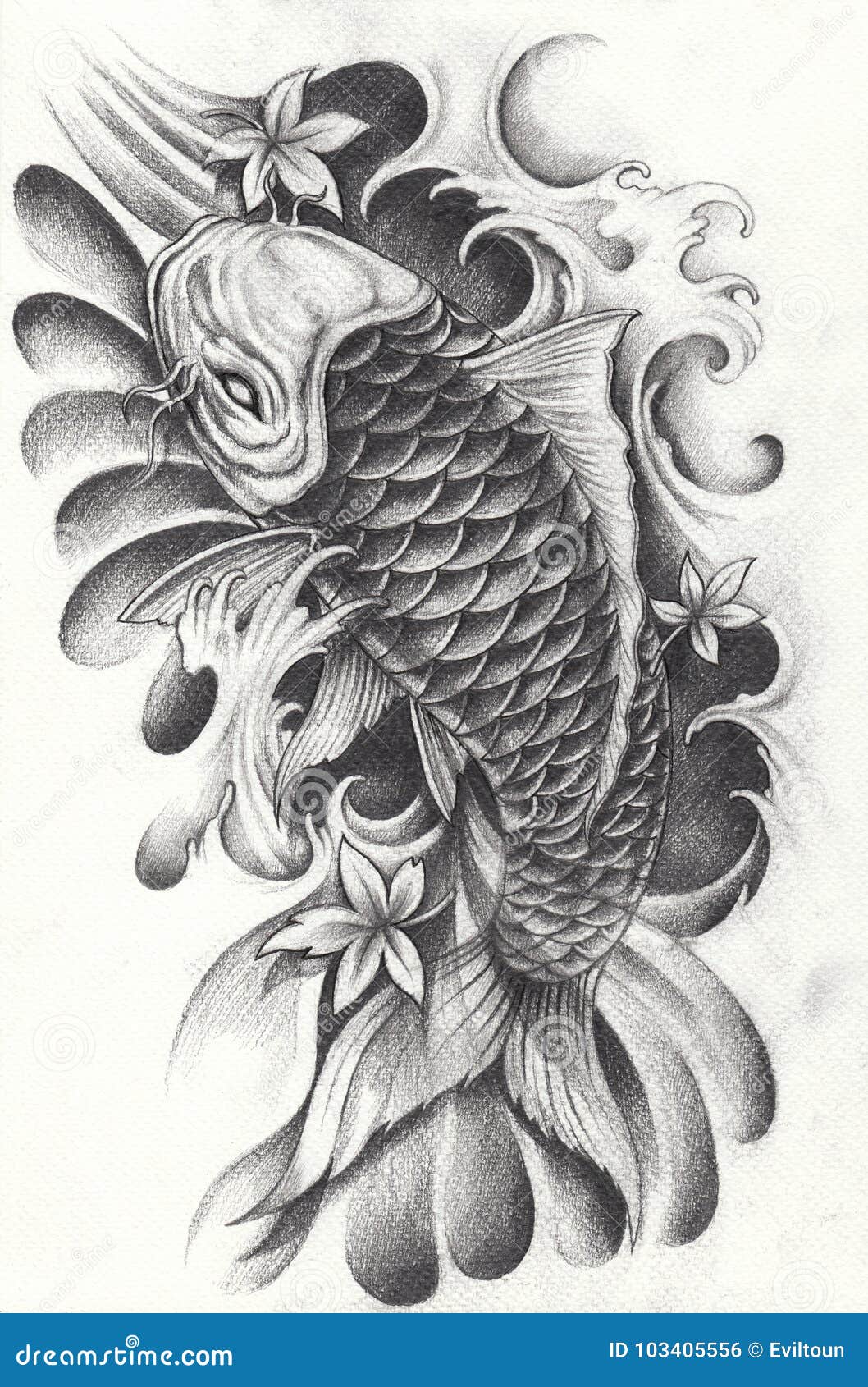 Trippy fish and hand tattoo on the left thigh