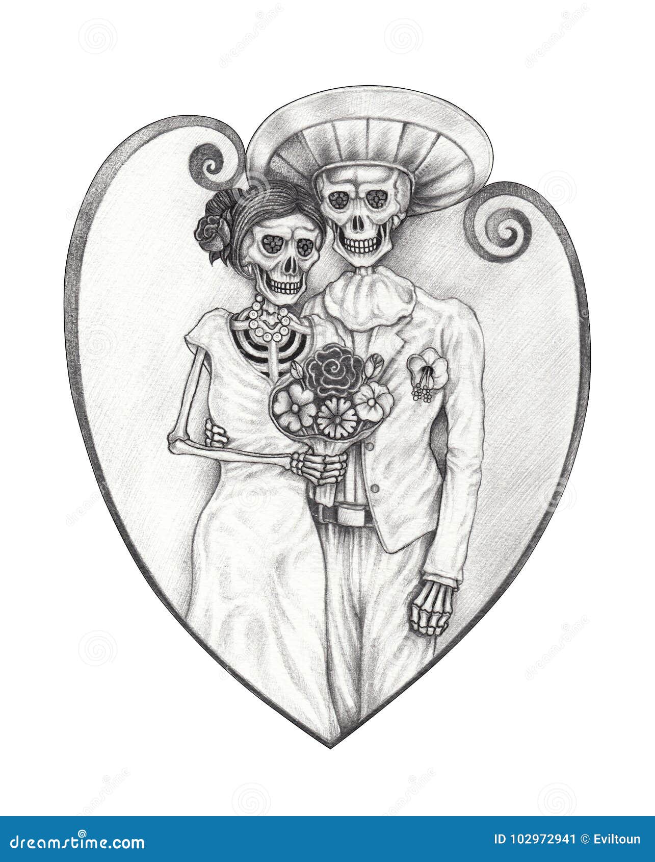 Art Wedding Skulls Day of the Dead. Stock Illustration - Illustration of bride, flower: 102972941