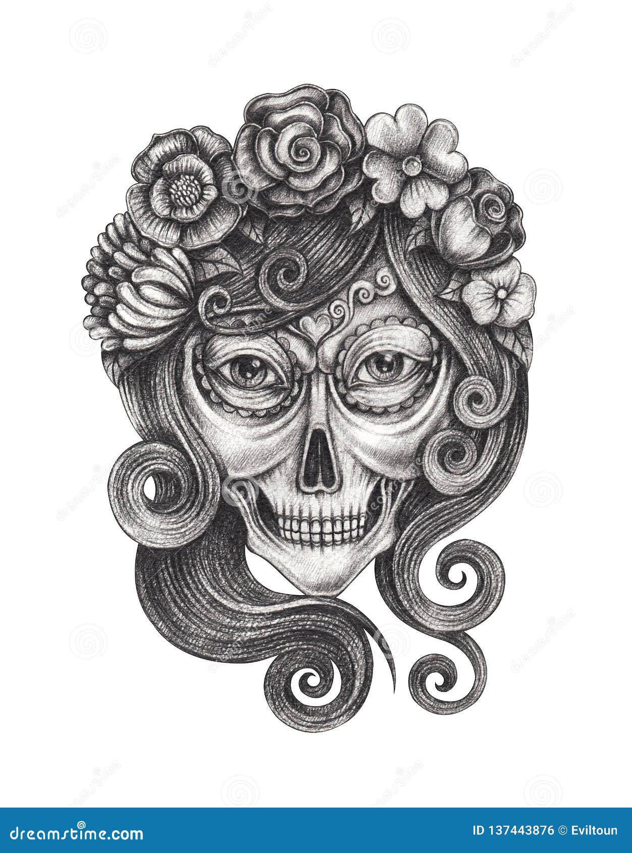 Art Sugar Skull Day of the Dead Tattoo. Stock Illustration - Illustration of creativity, idea: 137443876